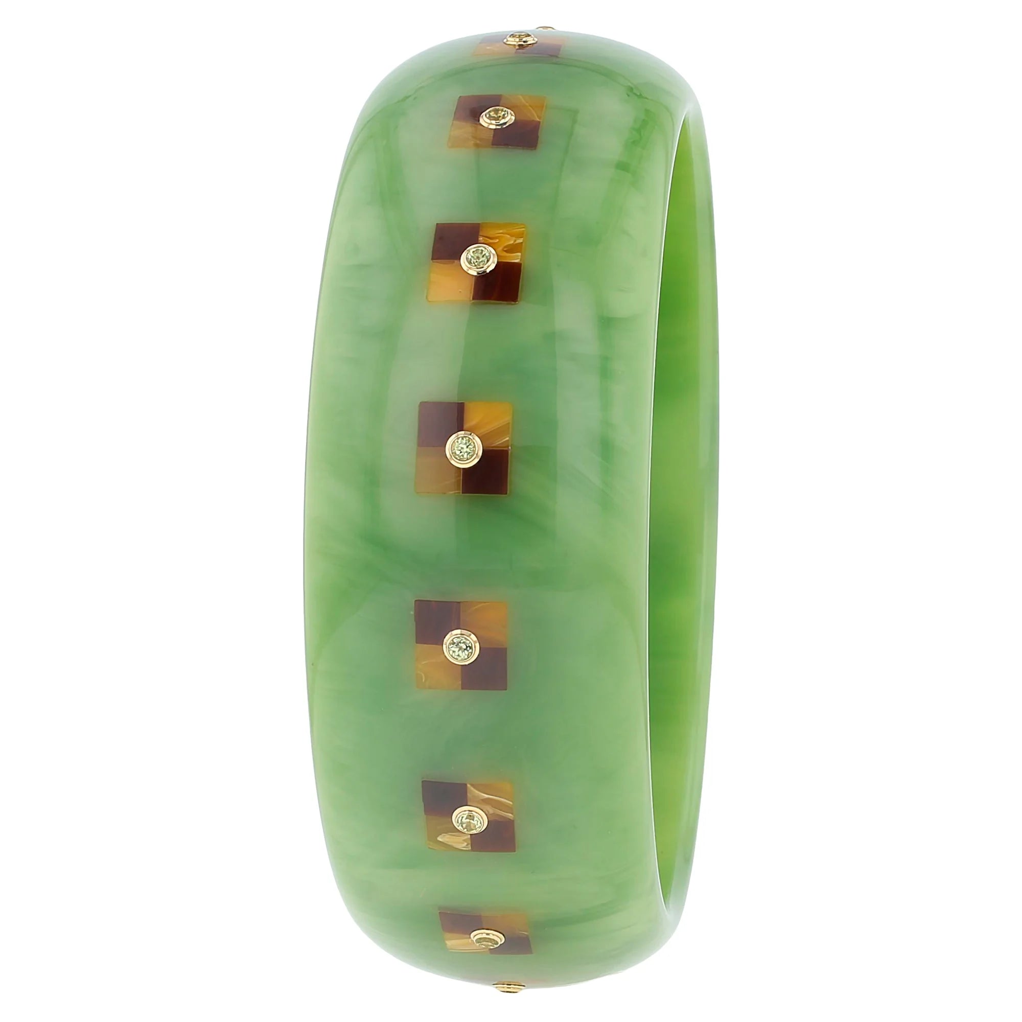 Sara Bangle | Bakelite with inlay and stones.