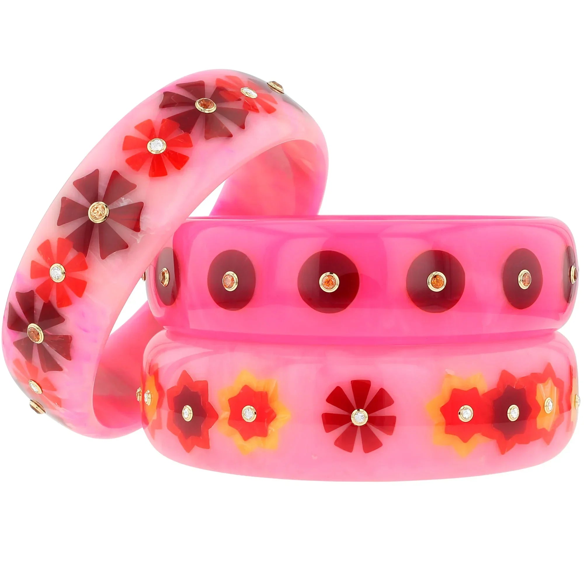 Sophia Bangle | Cerise pink bakelite with inlay and stones.