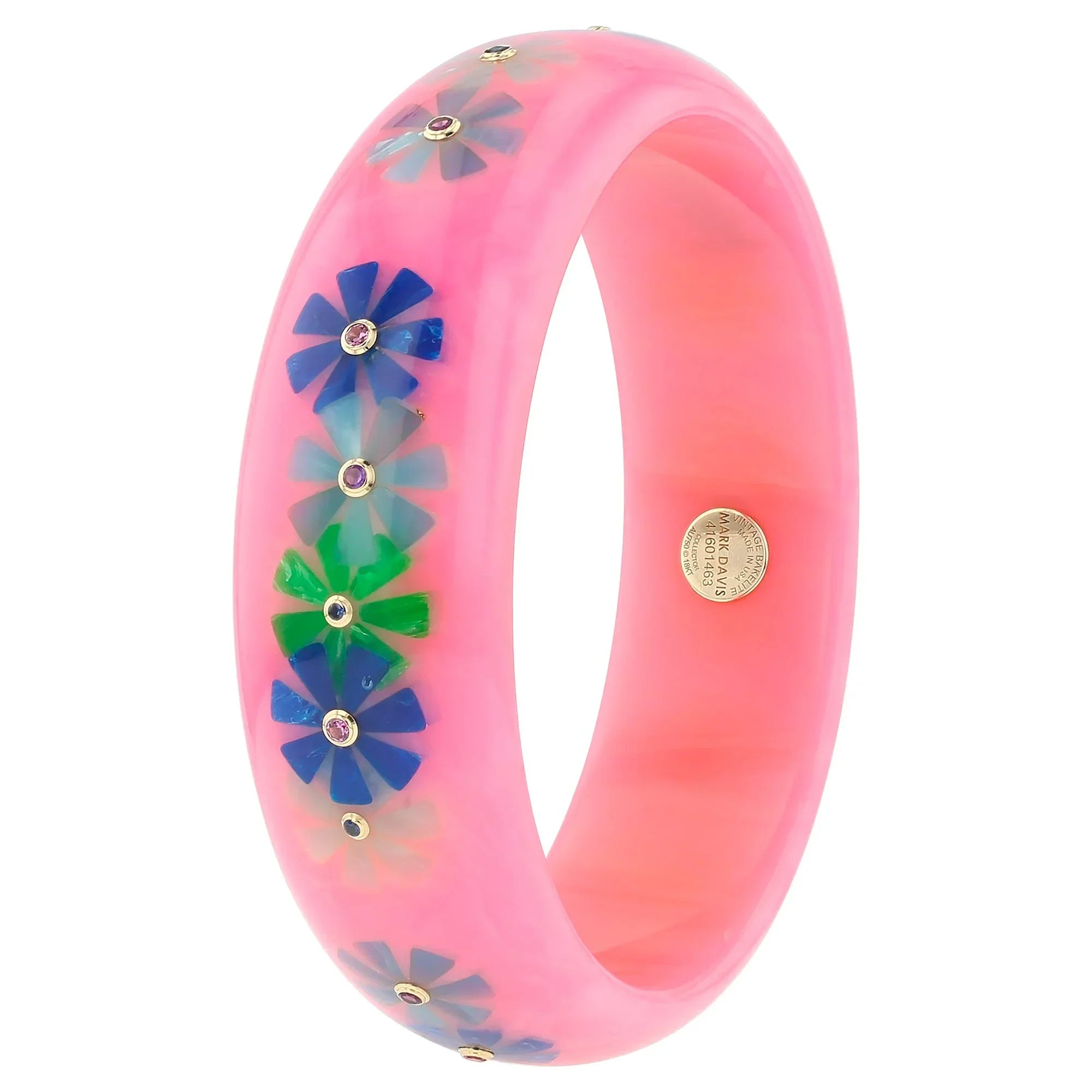 Vanda Bangle | Flamingo pink bakelite with inlay and stones.