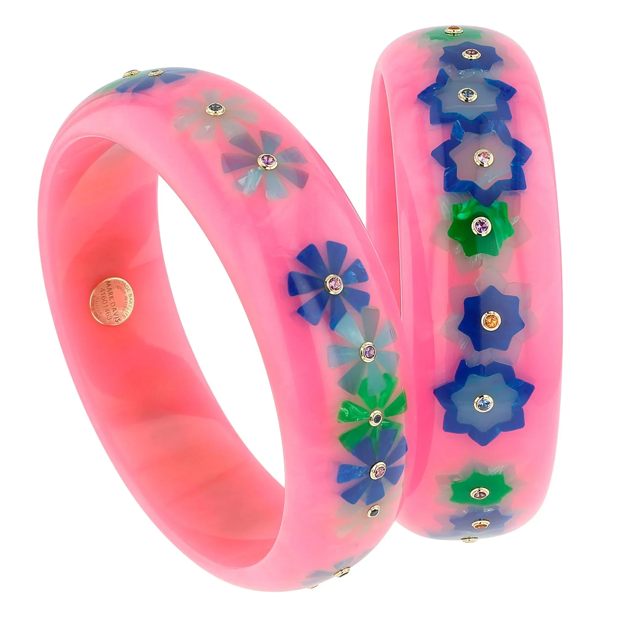 Vanda Bangle | Flamingo pink bakelite with inlay and stones.