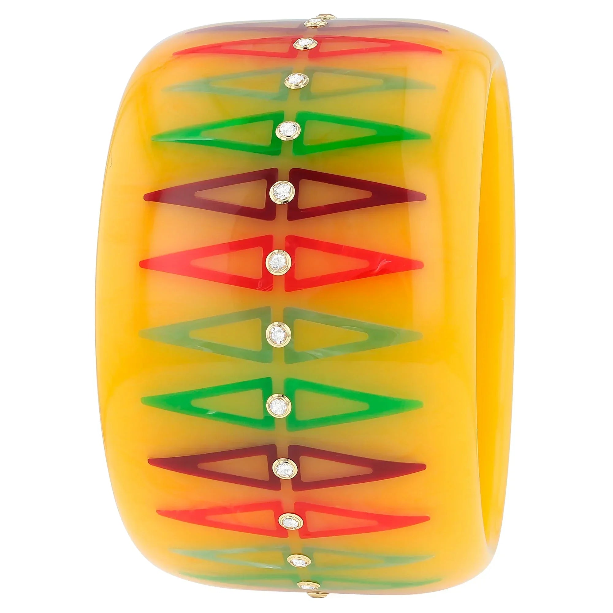Velma Bangle | Canary yellow bakelite with inlay and stones.