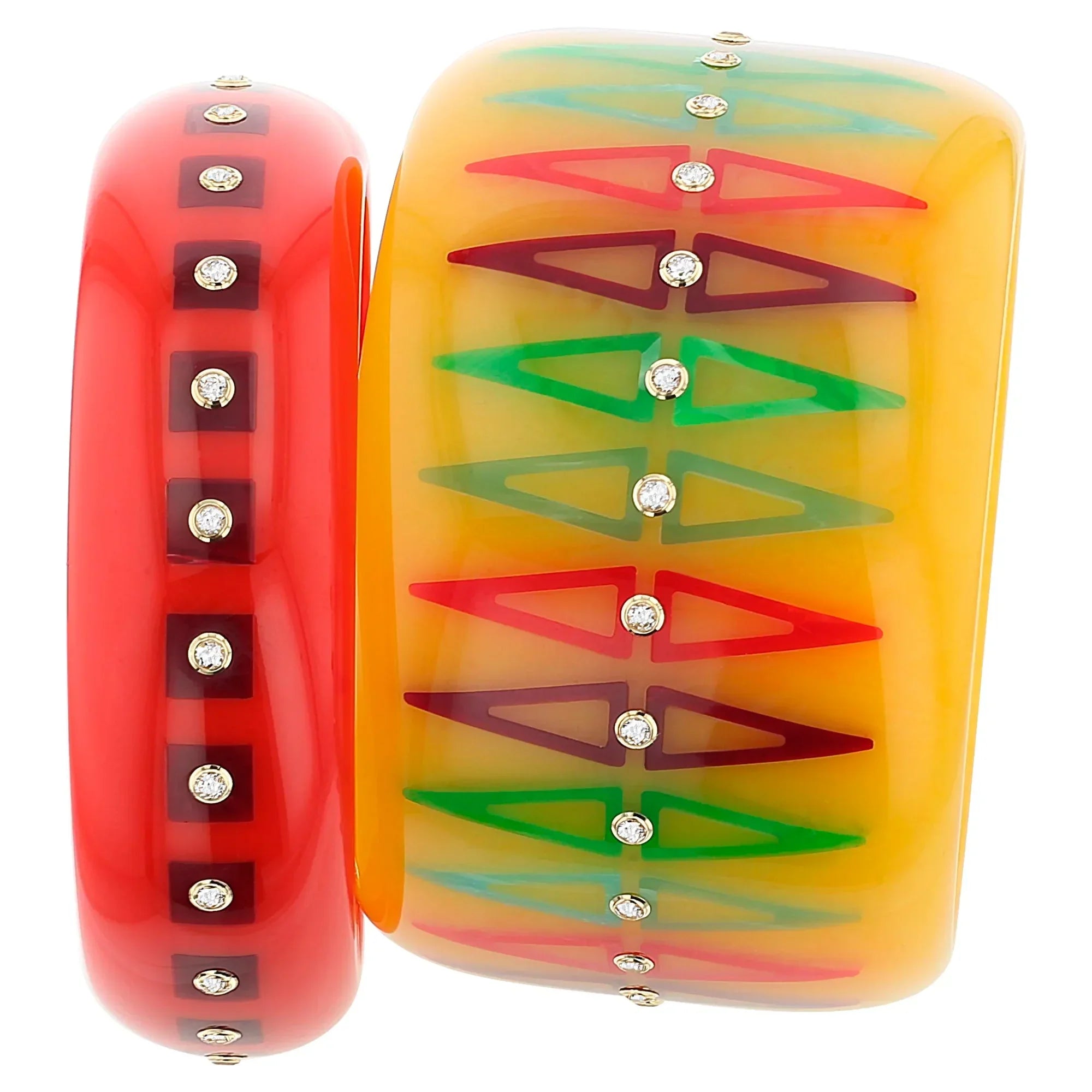 Velma Bangle | Canary yellow bakelite with inlay and stones.