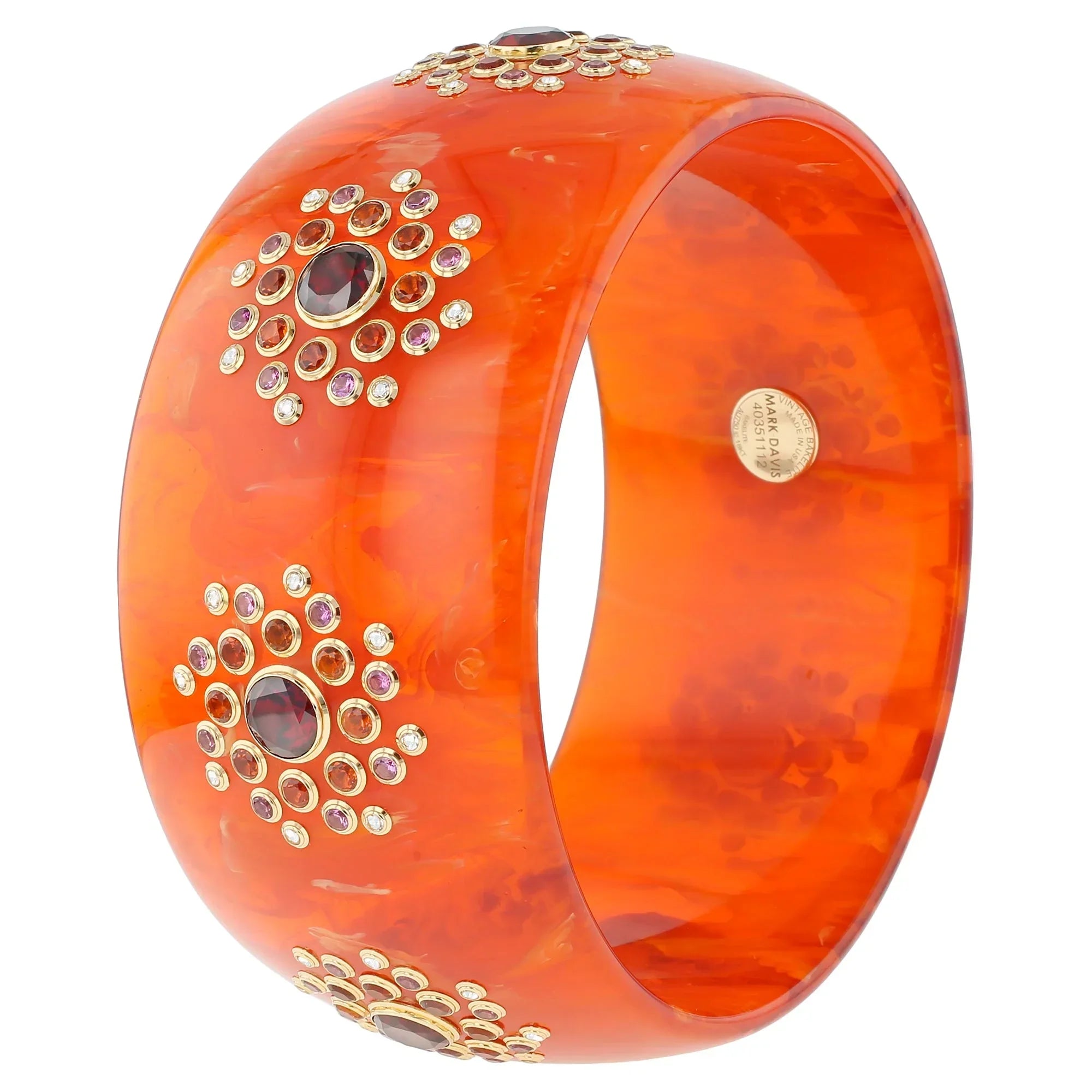 Vera Bangle | Vivid orange bakelite with stones.