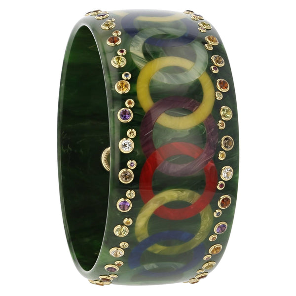 Alessia Bangle | Bakelite bangle with an interlocking rings pattern. Includes inlay and stones.