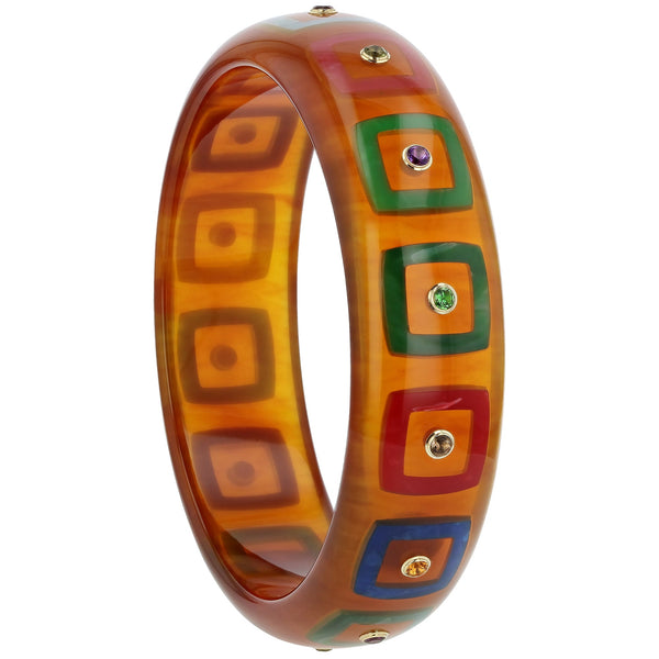 Ella Bangle | Bakelite bangle with a pattern of square outlines and stones.