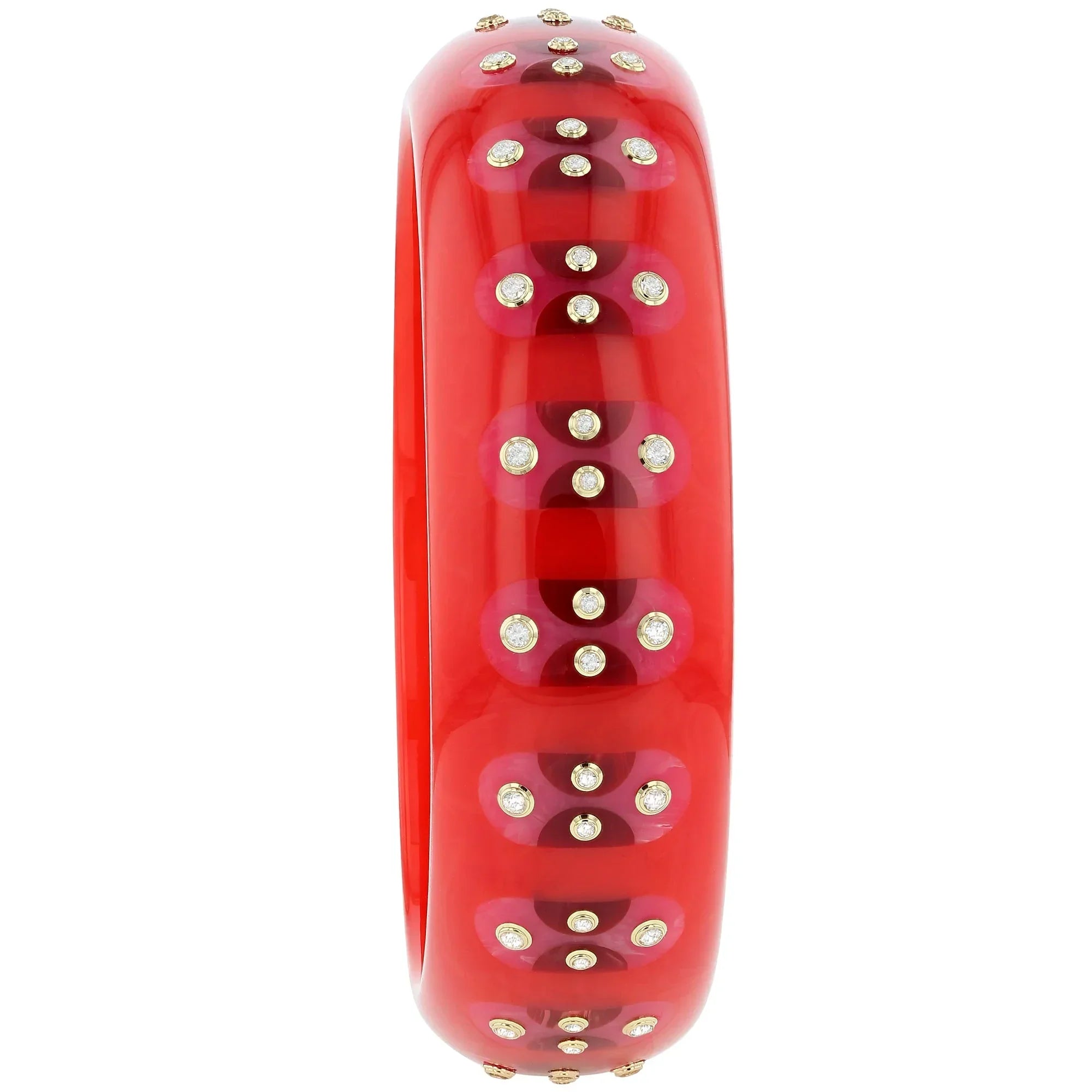 Adler Bangle | Bright red bakelite with inlay and stones.