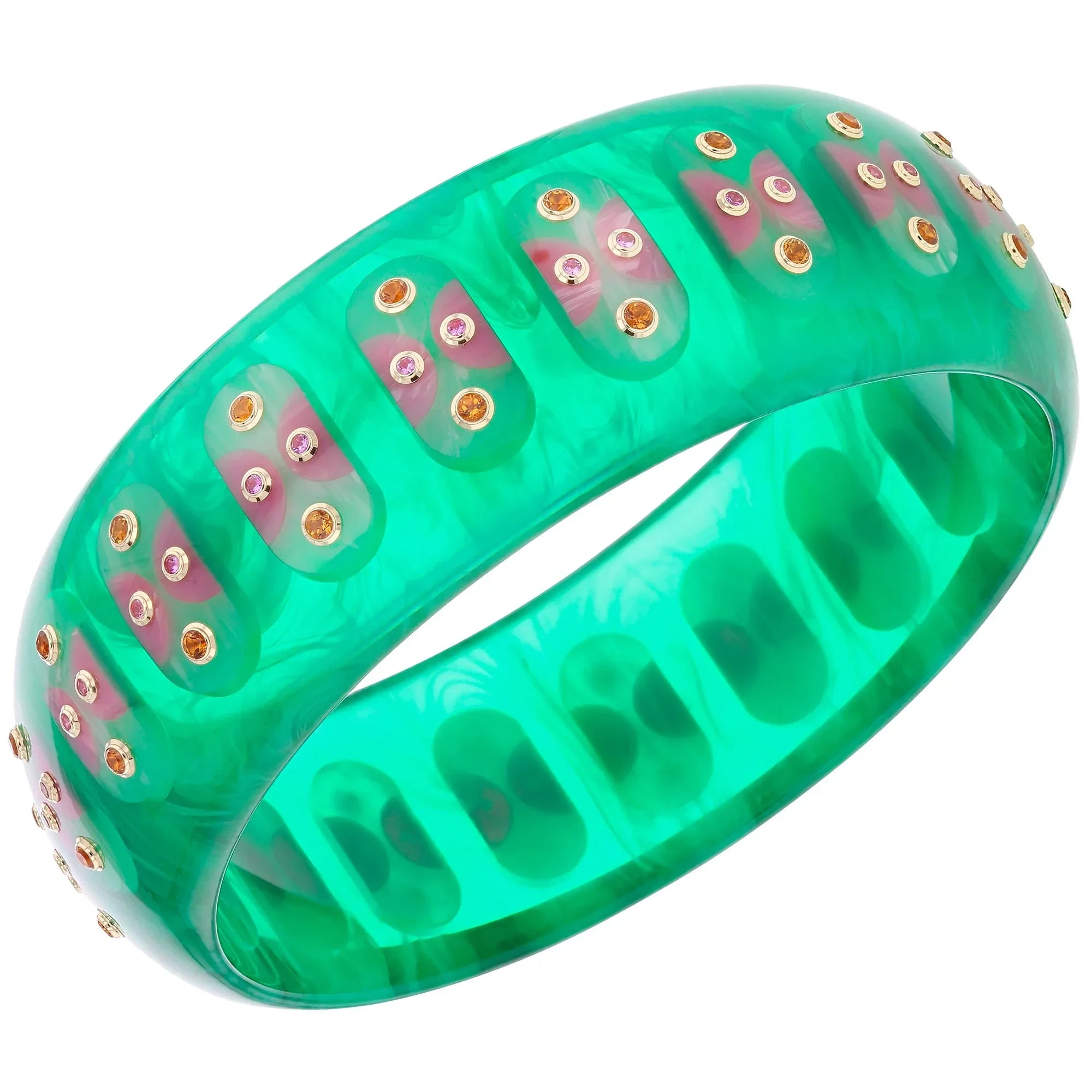 Adler Bangle | Vivid green bakelite with inlay and stones.