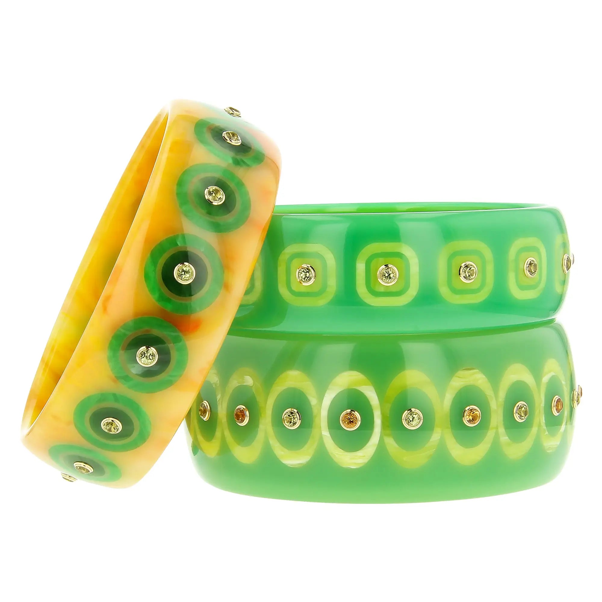 Aimee Bangle | Sunny yellow bakelite with inlay and stones.