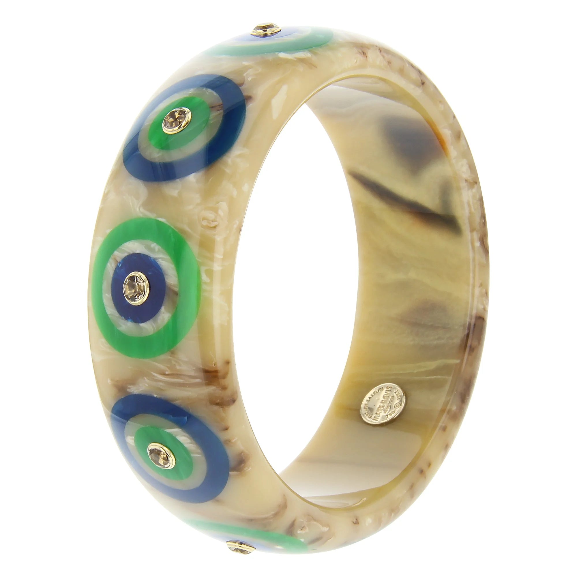 Aimee Bangle | Bakelite with Bullseye Pattern Inlay and Stone on Model.