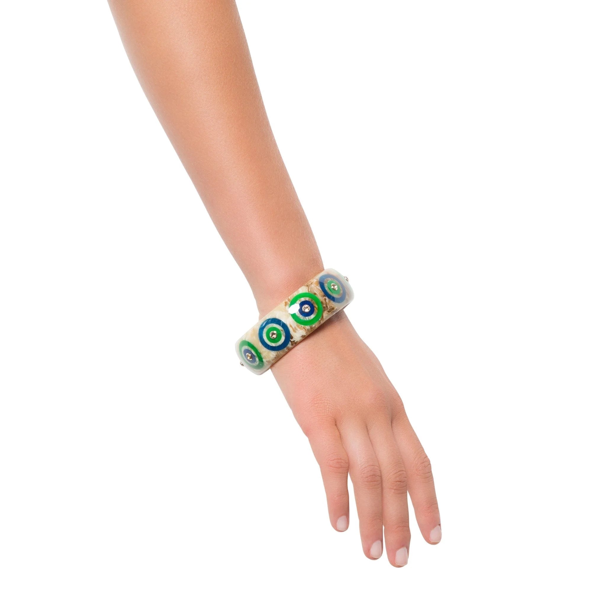 Aimee Bangle | Bakelite with Bullseye Pattern Inlay and Stone on Model.