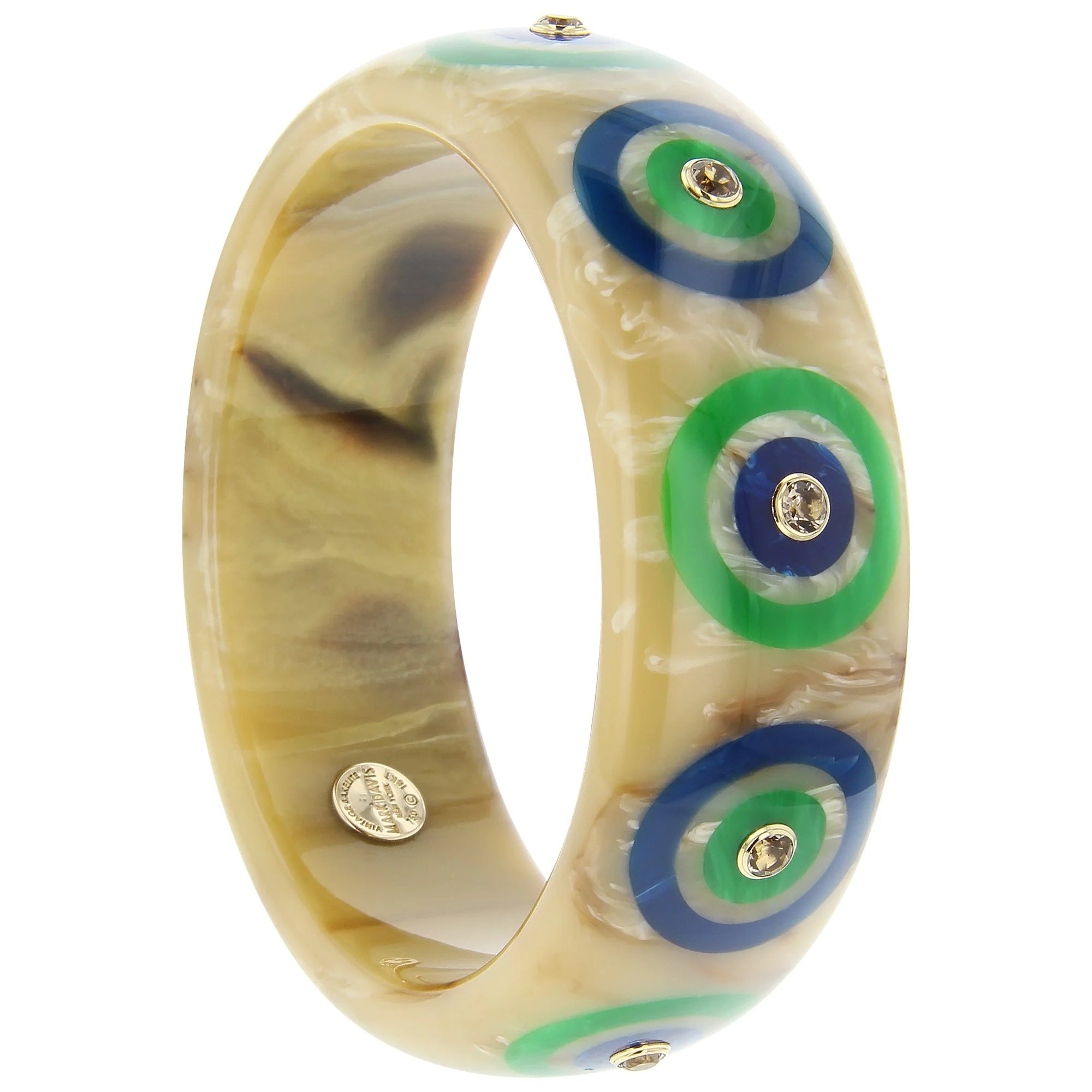 Aimee Bangle | Bakelite with Bullseye Pattern Inlay and Stone on Model.