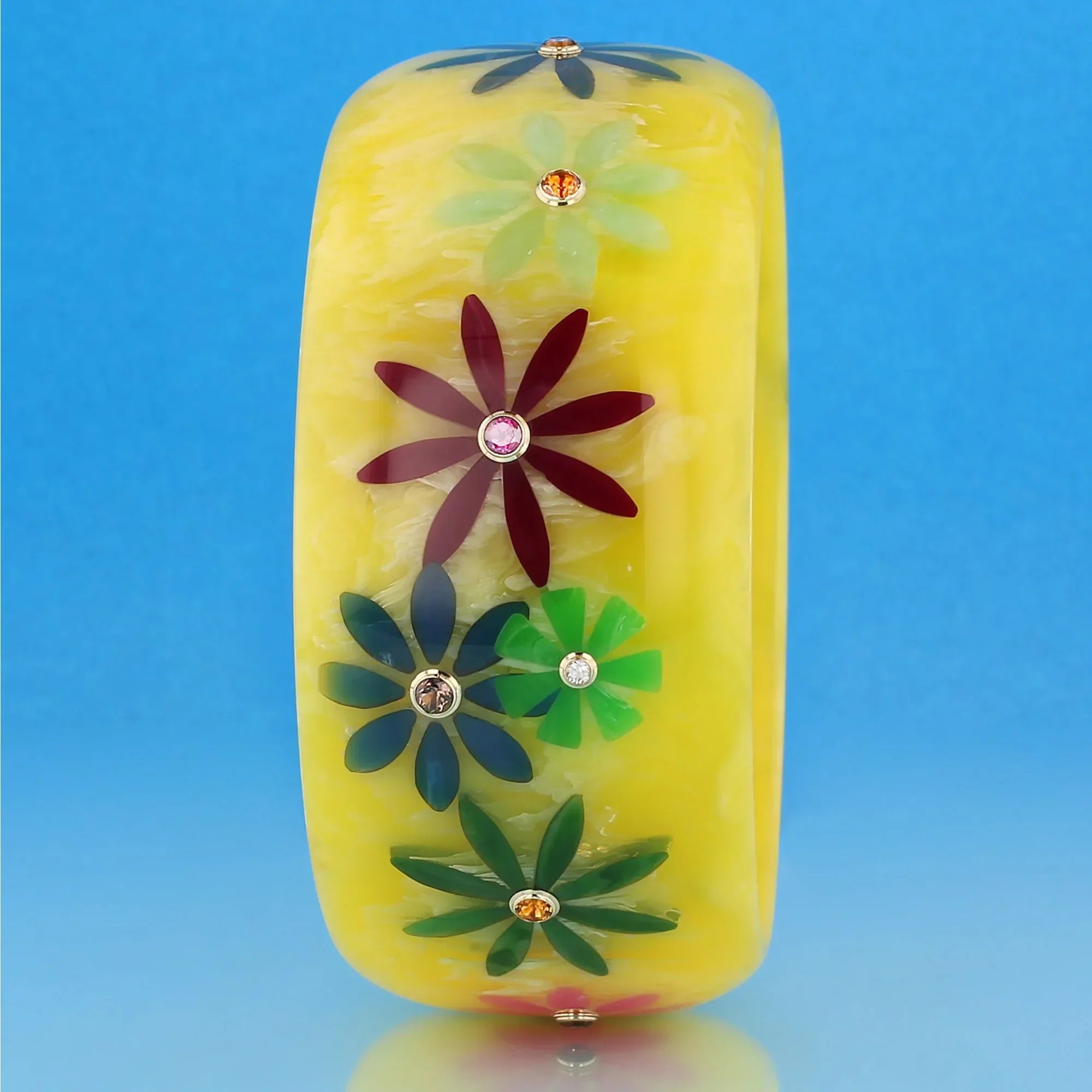Aiysha Bangle | Sunny yellow bakelite with inlay and stones.