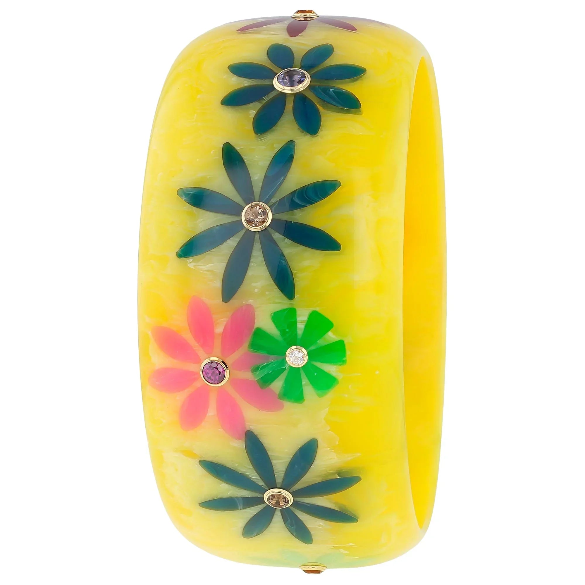 Aiysha Bangle | Sunny yellow bakelite with inlay and stones.