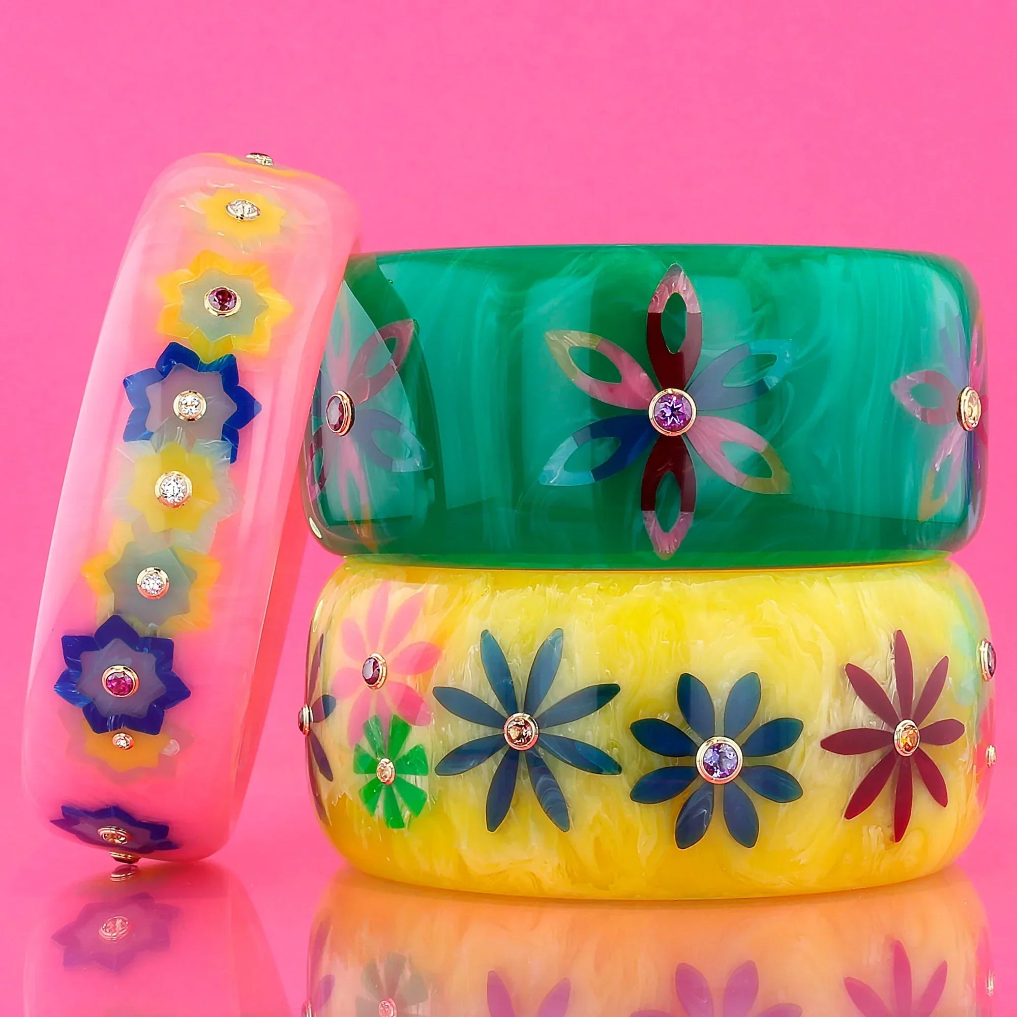Aiysha Bangle | Sunny yellow bakelite with inlay and stones.