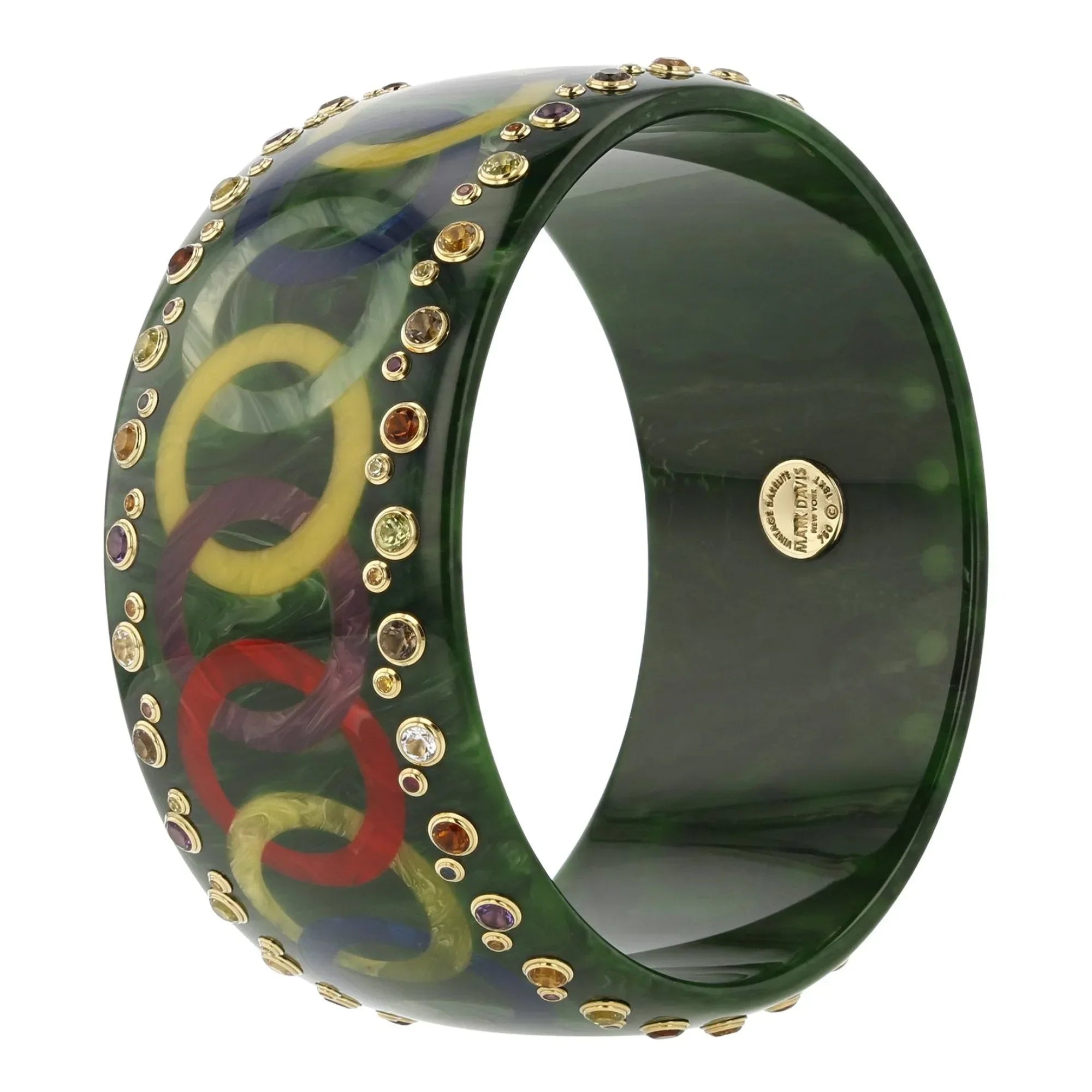 Alessia Bangle | Bakelite bangle with interlocking rings inlay and stones.