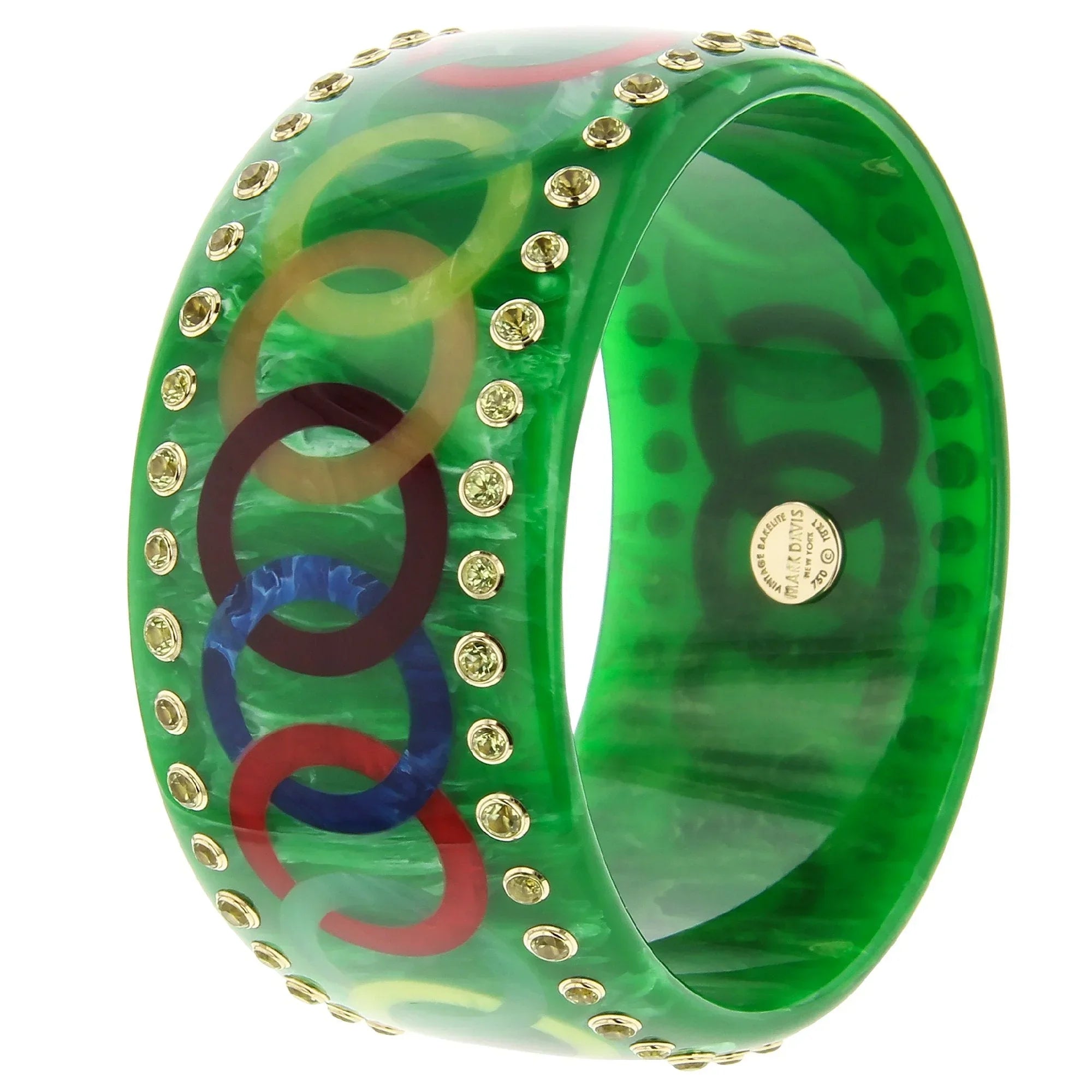 Alessia Bangle | Bakelite with endless chain design inlay and stones.
