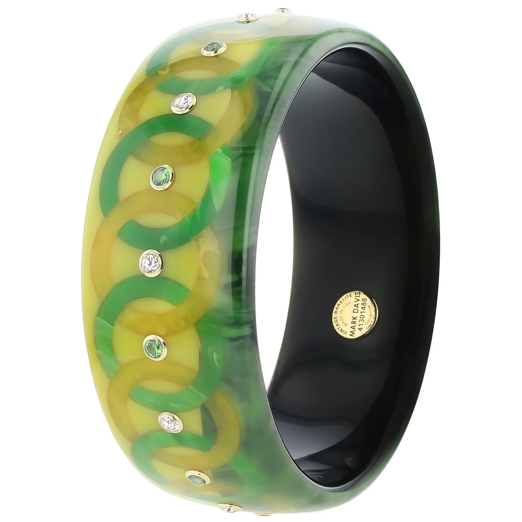 Alessia Bangle | Dual tone green bakelite with inlay and stones.