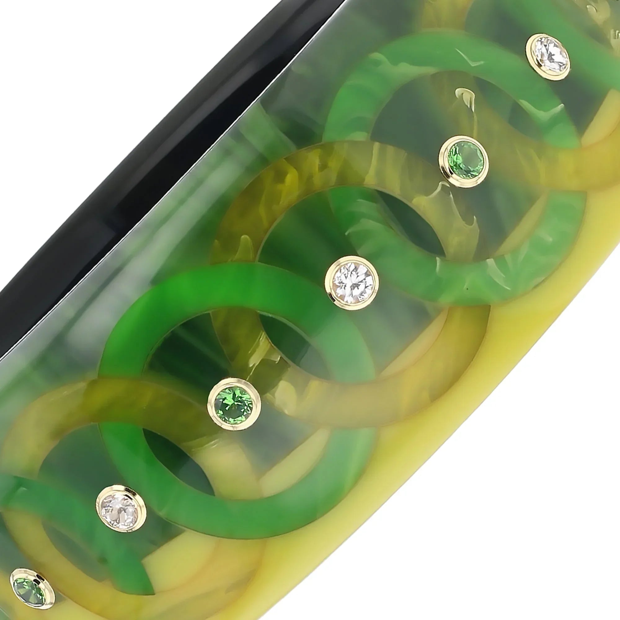 Alessia Bangle | Dual tone green bakelite with inlay and stones.