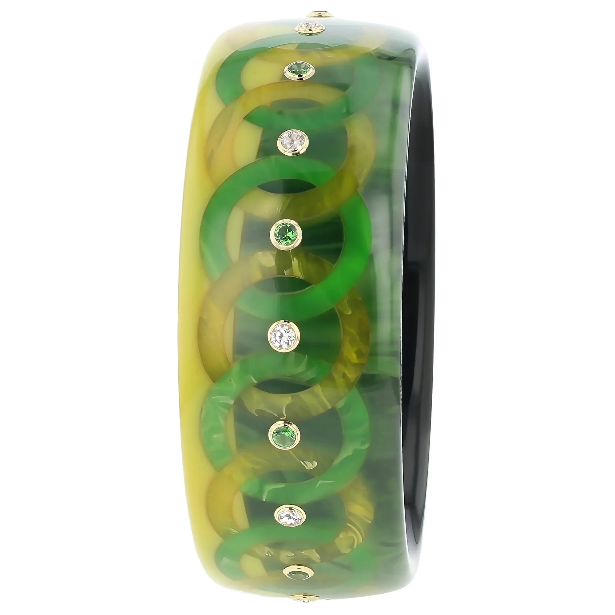 Alessia Bangle | Dual tone green bakelite with inlay and stones.