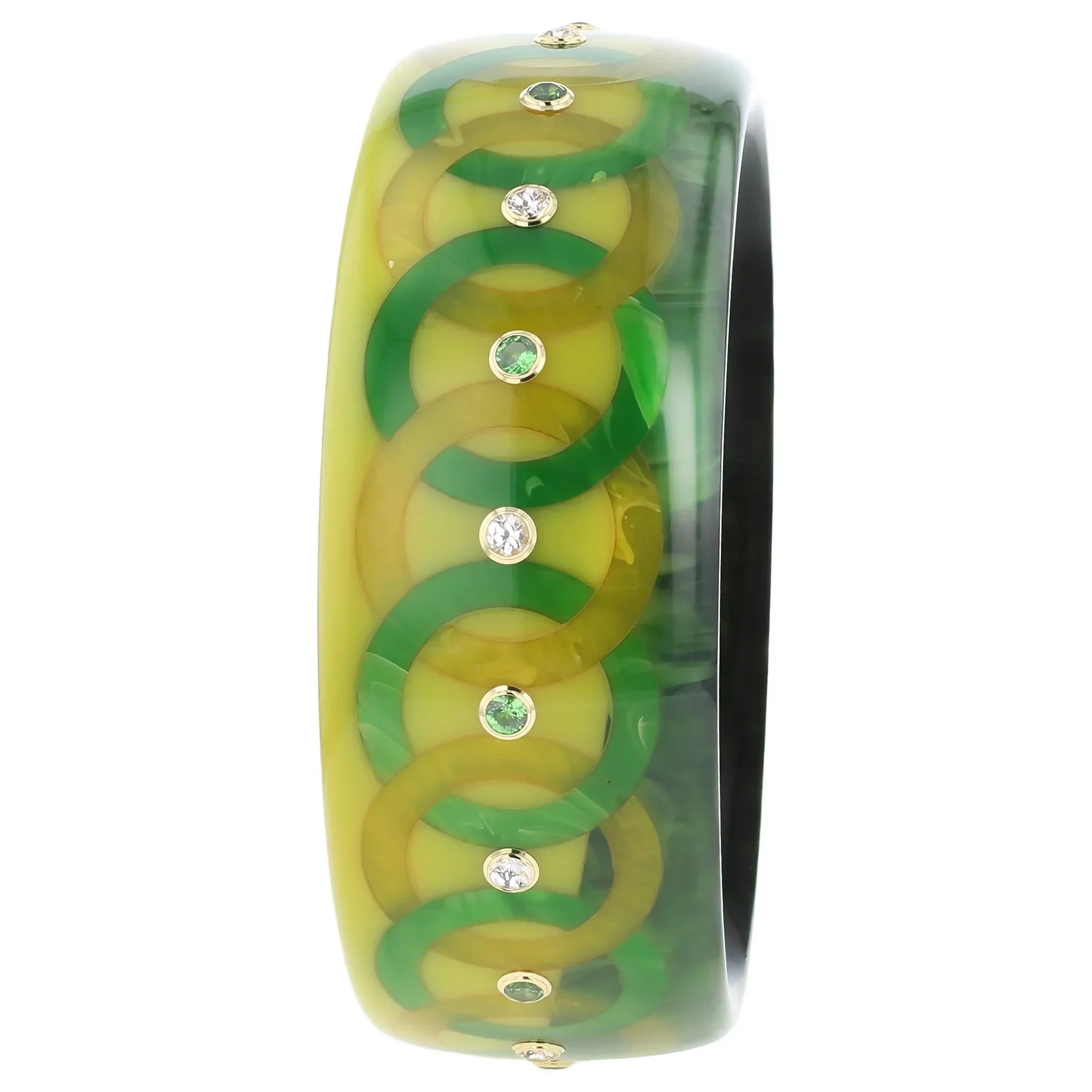 Alessia Bangle | Dual tone green bakelite with inlay and stones.
