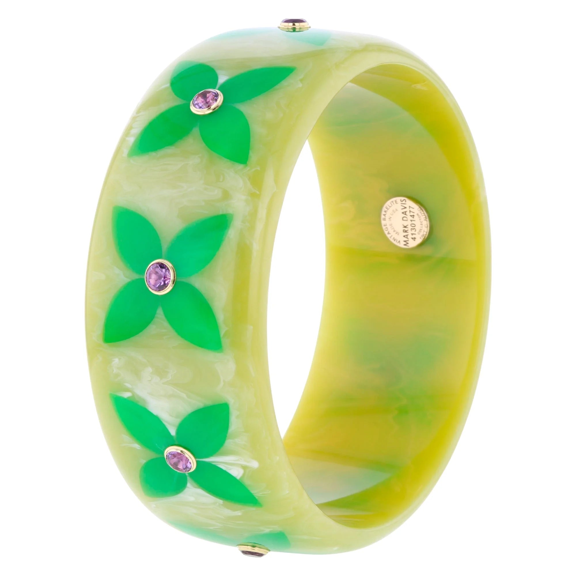 Alyssa Bangle | Light hearted bakelite with stylized floral inlay and stones.