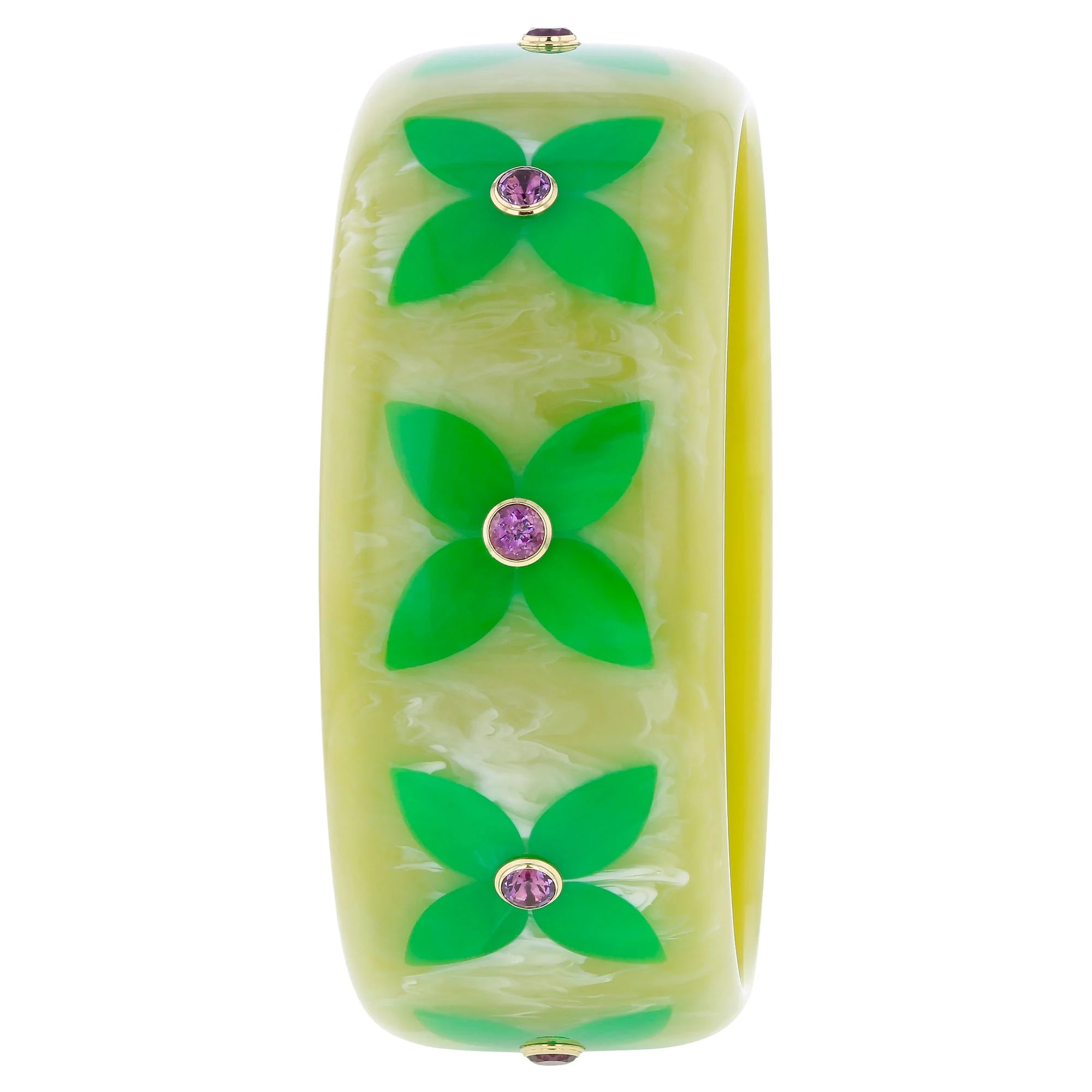 Alyssa Bangle | Light hearted bakelite with stylized floral inlay and stones.