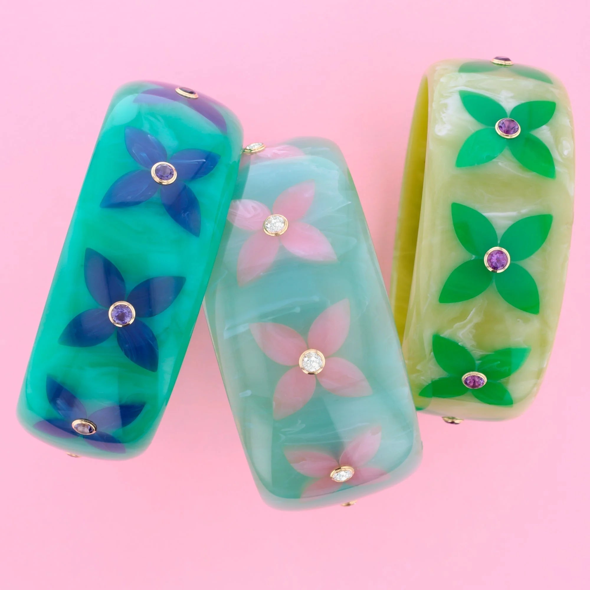 Alyssa Bangle | Light hearted bakelite with stylized floral inlay and stones.