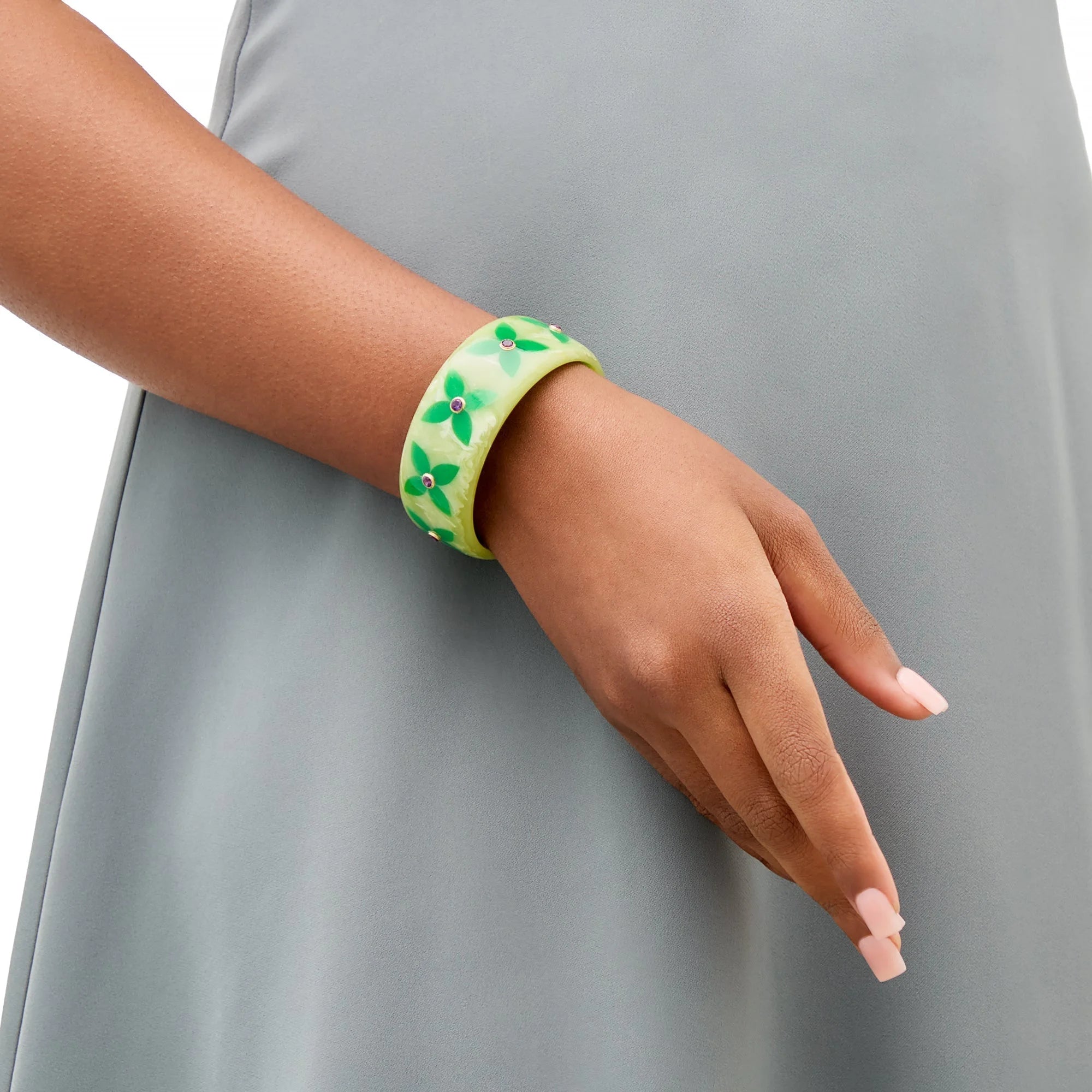 Alyssa Bangle | Light hearted bakelite with stylized floral inlay and stones.
