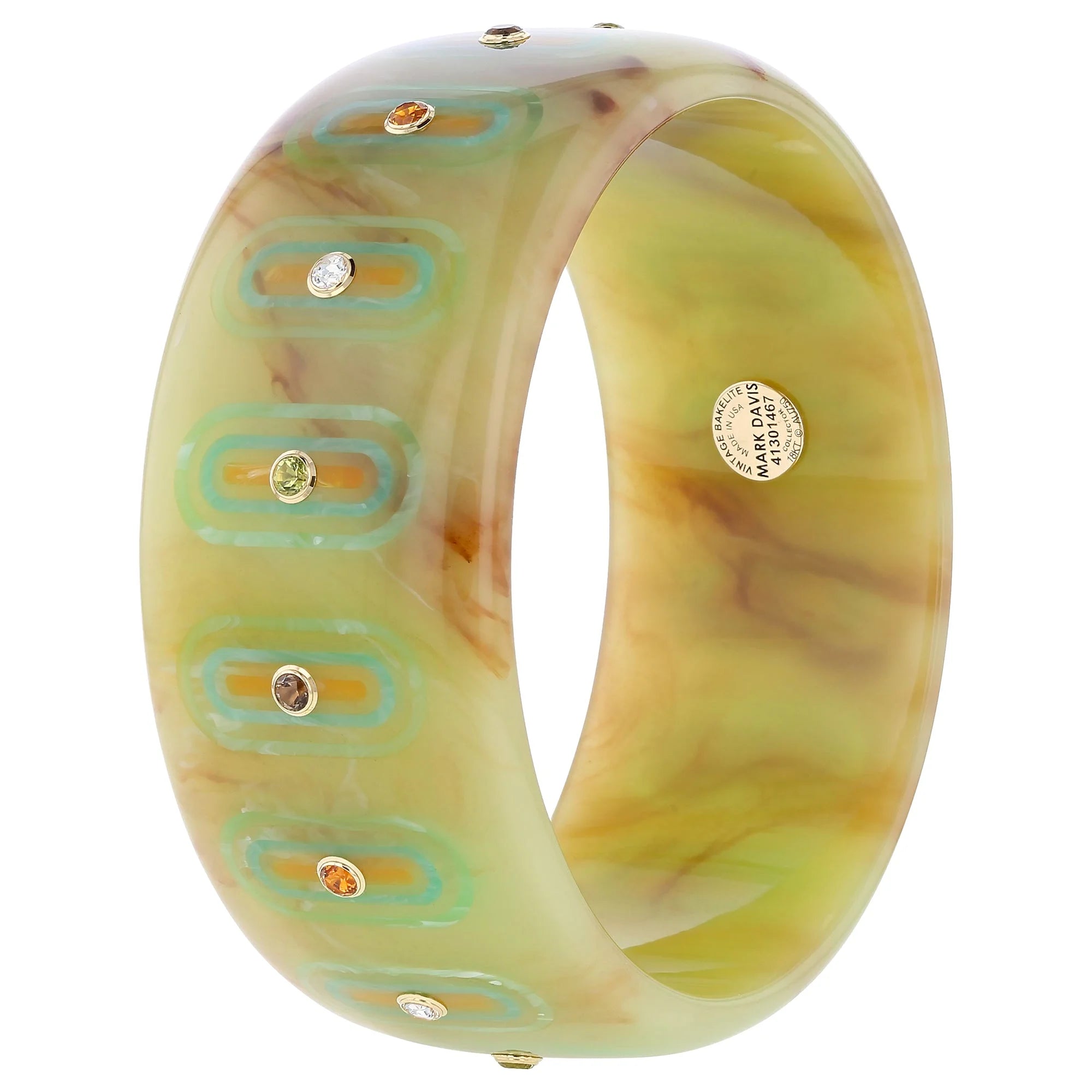 Beatrice Bangle | Muted green marbled bakelite with inlay and stones.