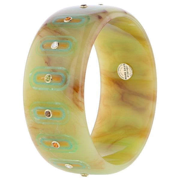 Beatrice Bangle | Muted green marbled bakelite bangle with inlay and stones.