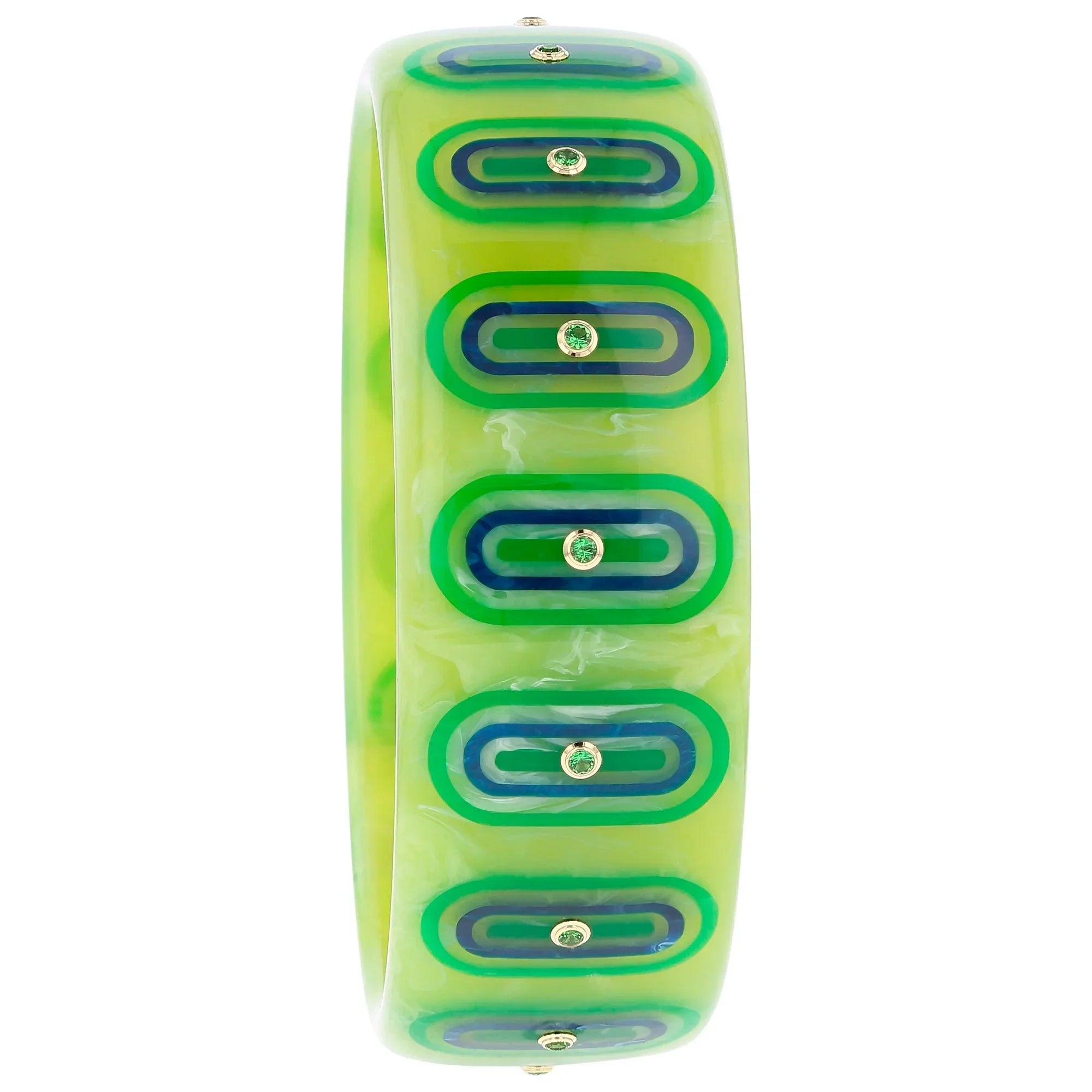 Beatrice Bangle | Lime green bakelite with inlay and stones.