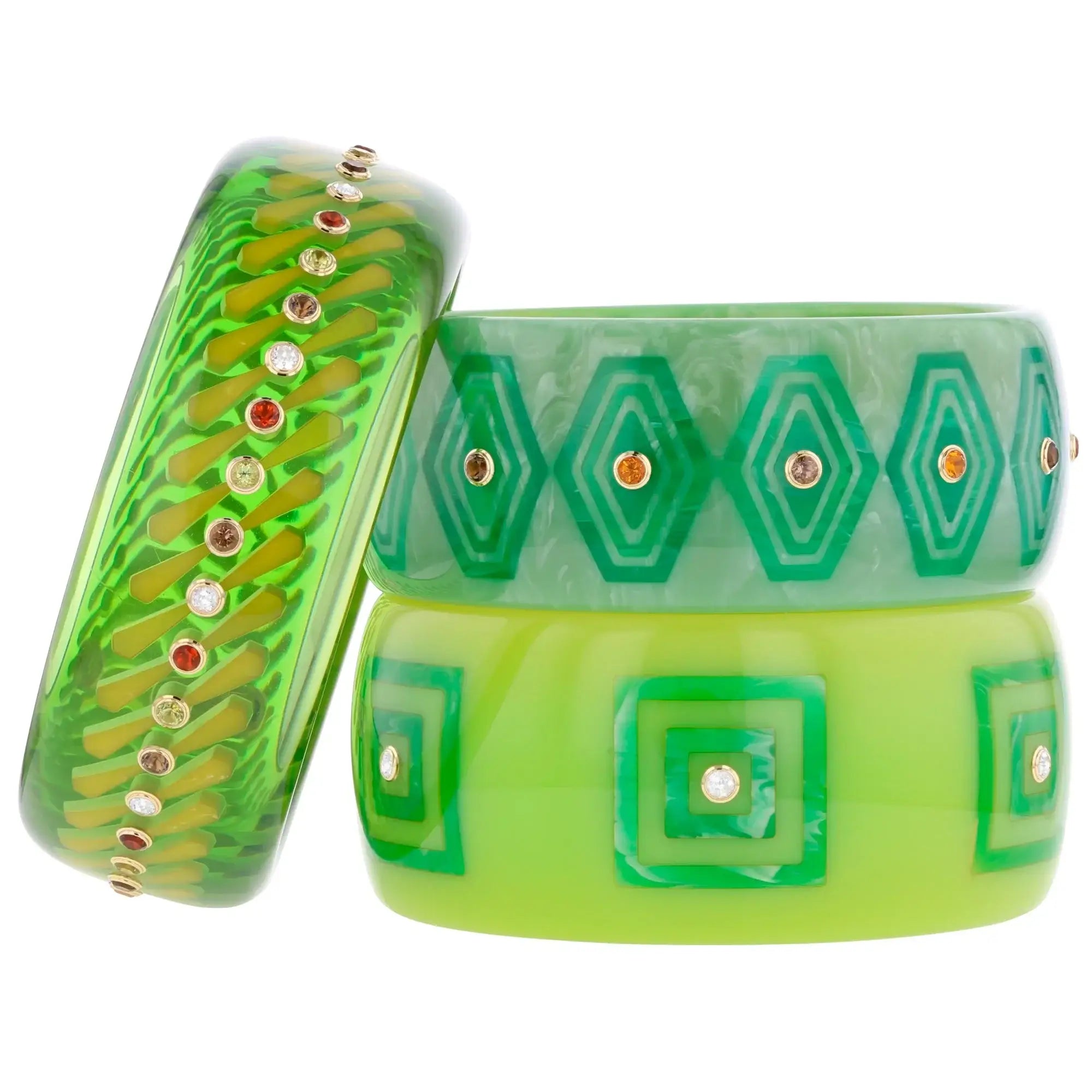 Billie Bangle | Cyan green bakelite with inlay and stones.
