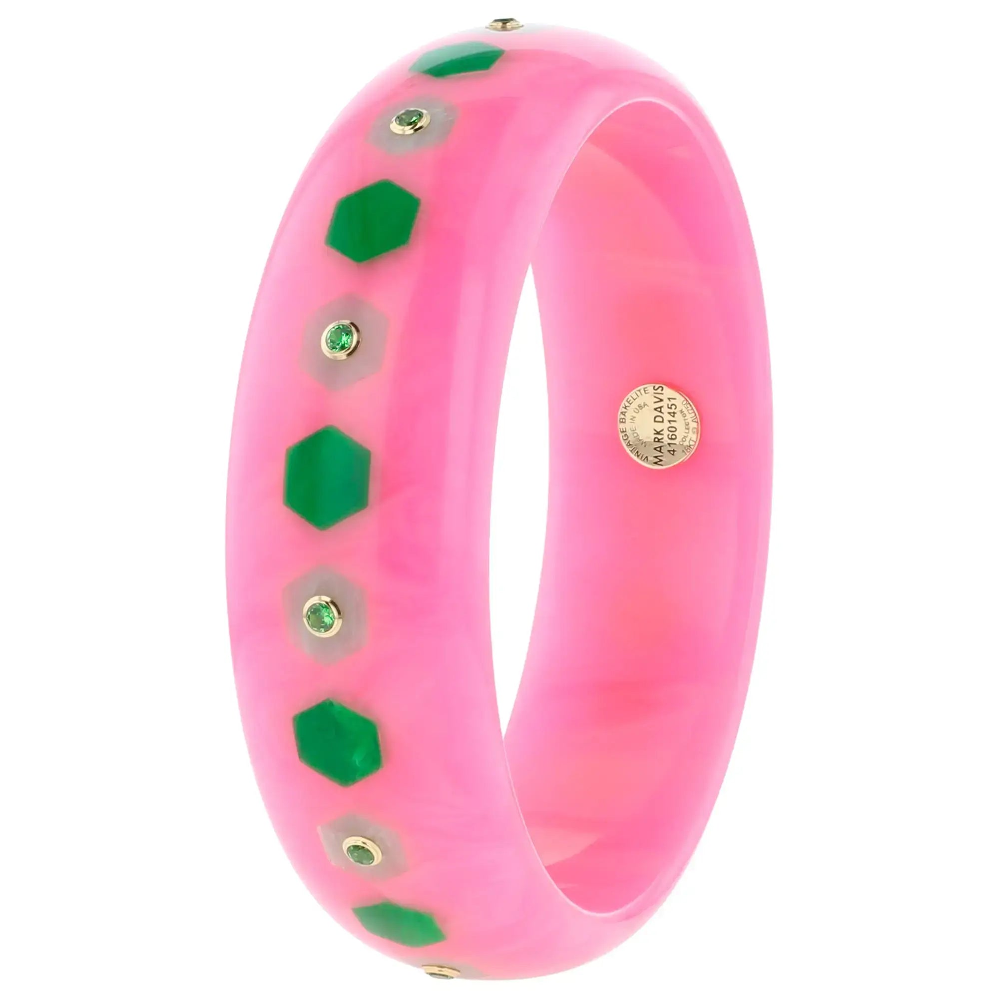 Blair Bangle | Bubblegum pink bakelite with inlay and stones.