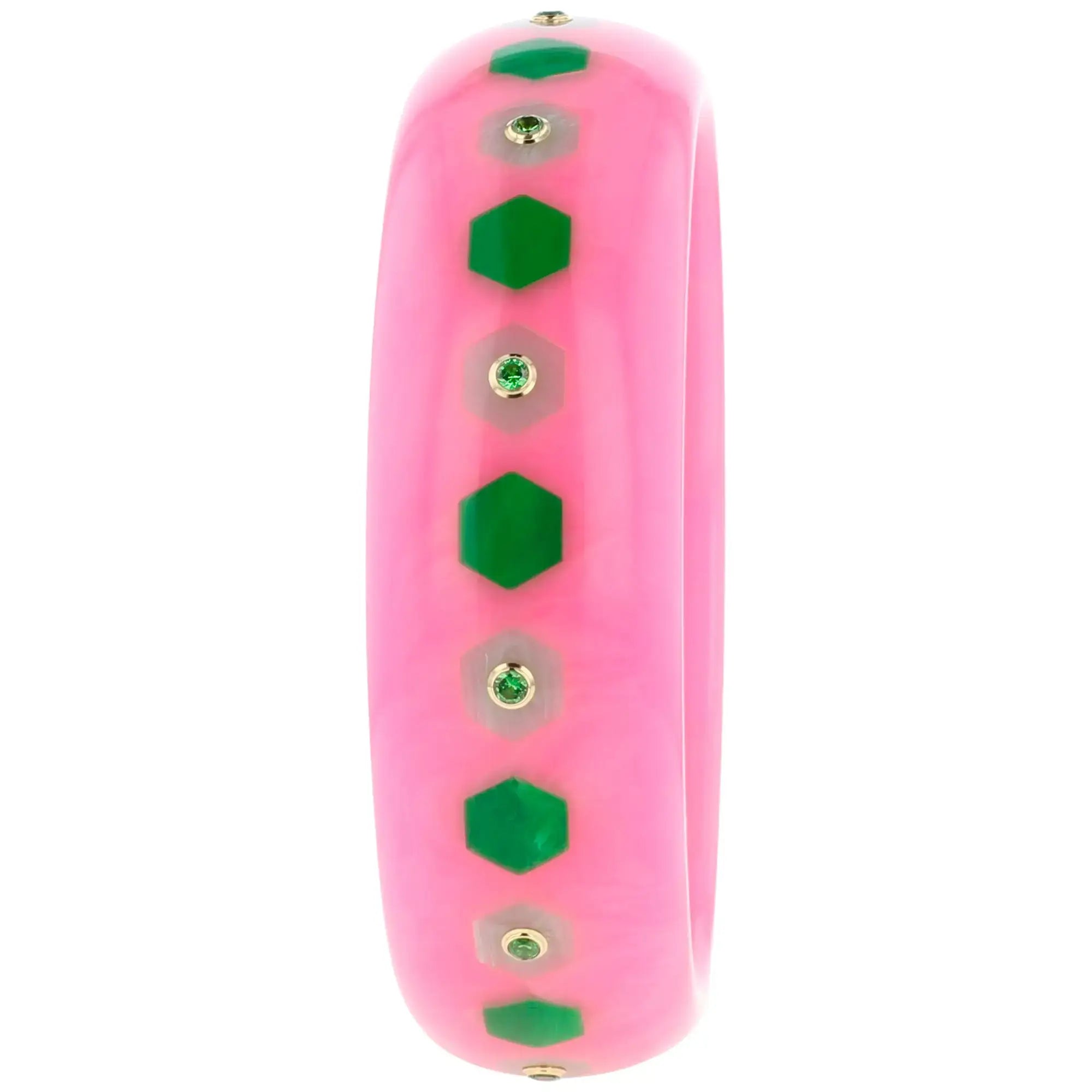 Blair Bangle | Bubblegum pink bakelite with inlay and stones.