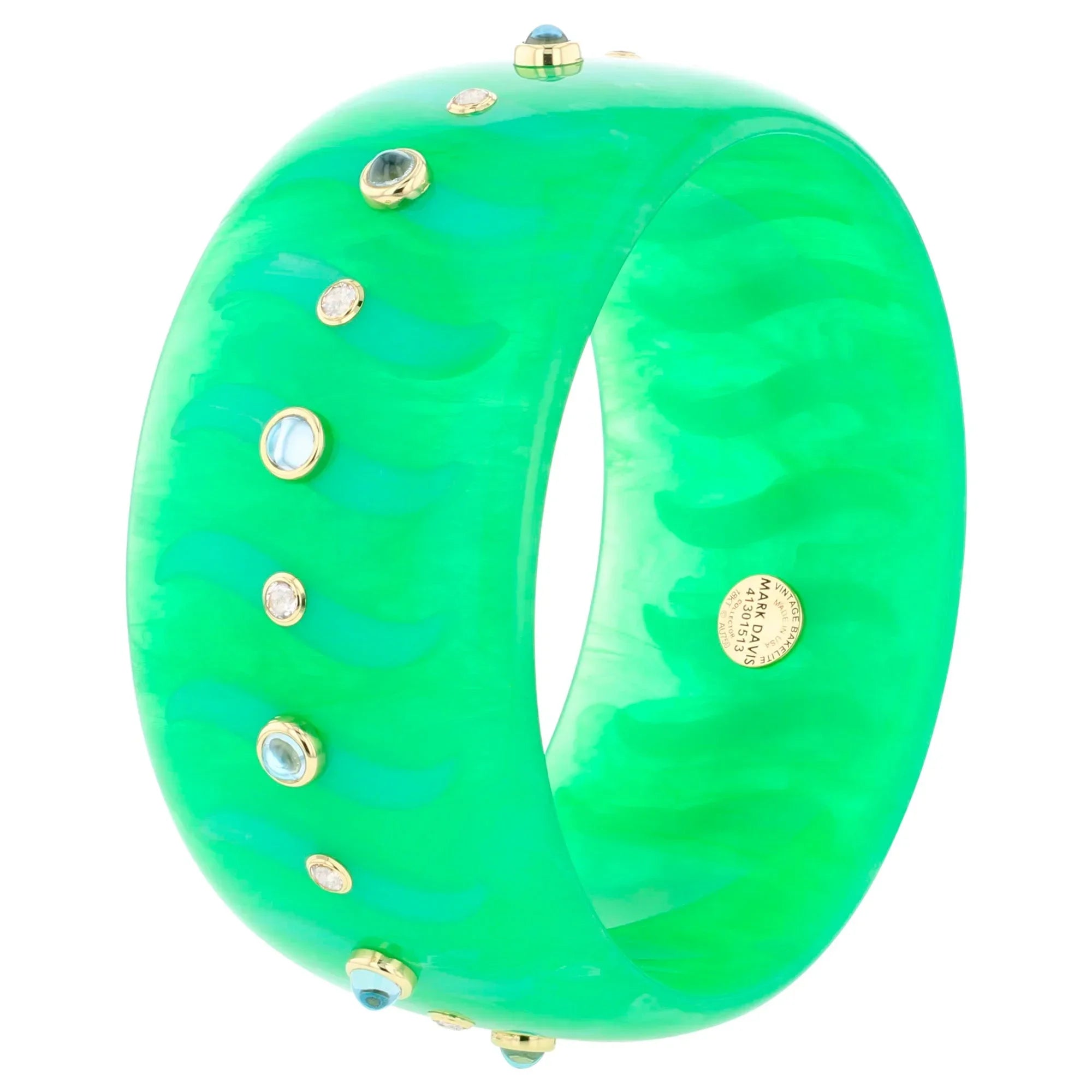 Bliss Bangle | Vibrant green bakelite with inlay and stones.