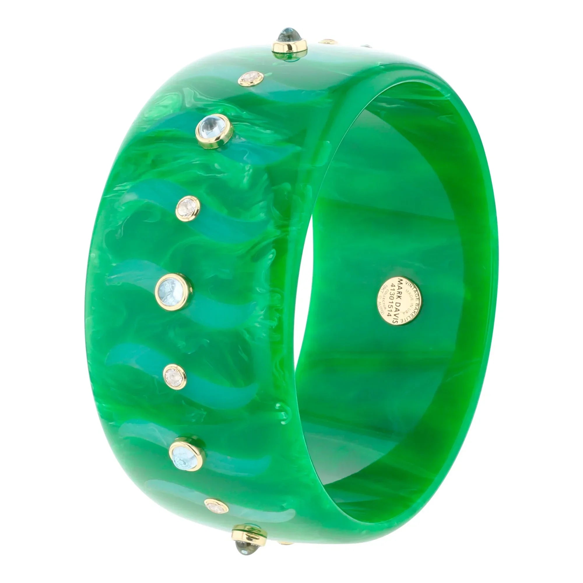 Bliss Bangle | Leaf green bakelite with inlay and stones.