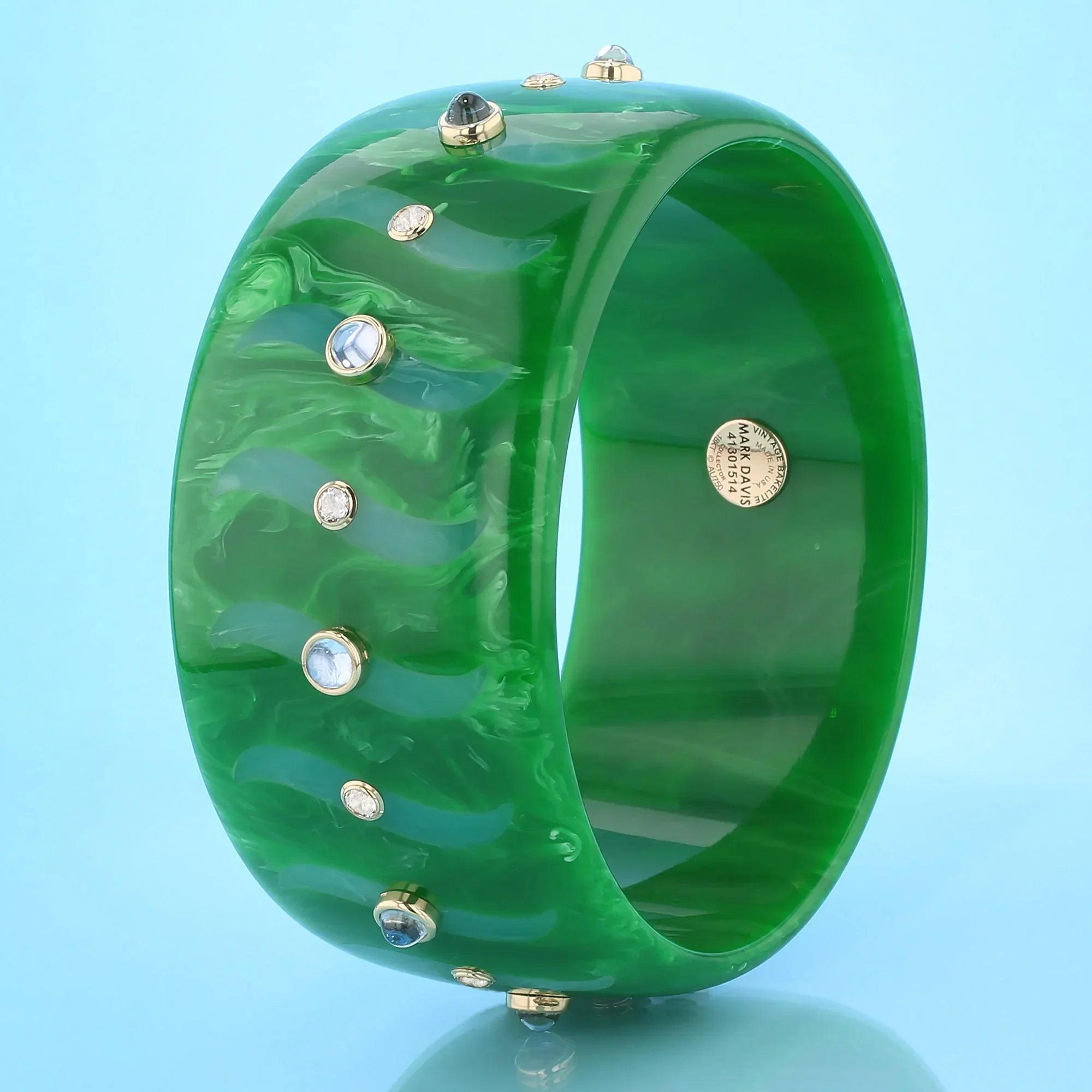 Bliss Bangle | Leaf green bakelite with inlay and stones.