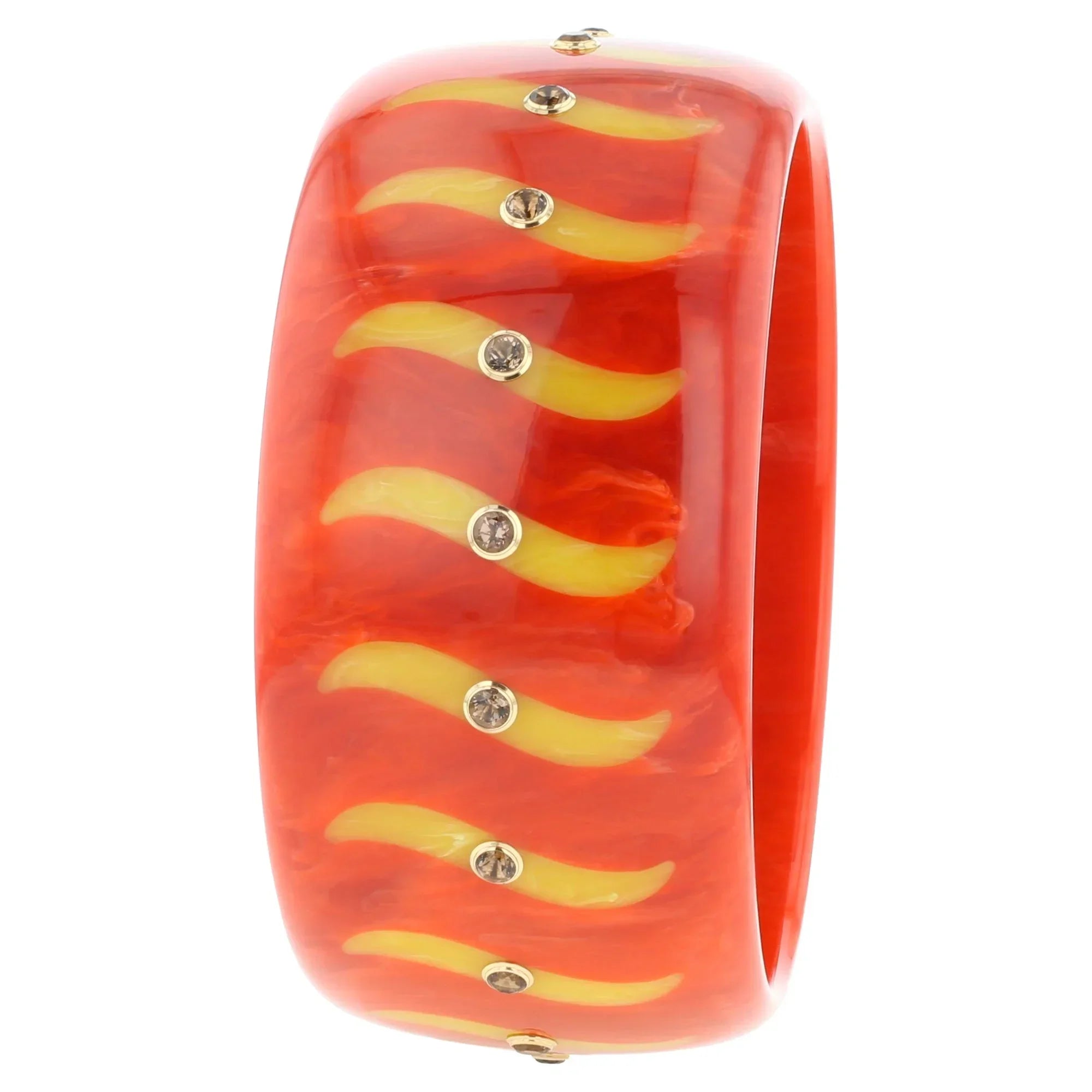 Bliss Bangle | Deep orange bakelite with inlay and stones.