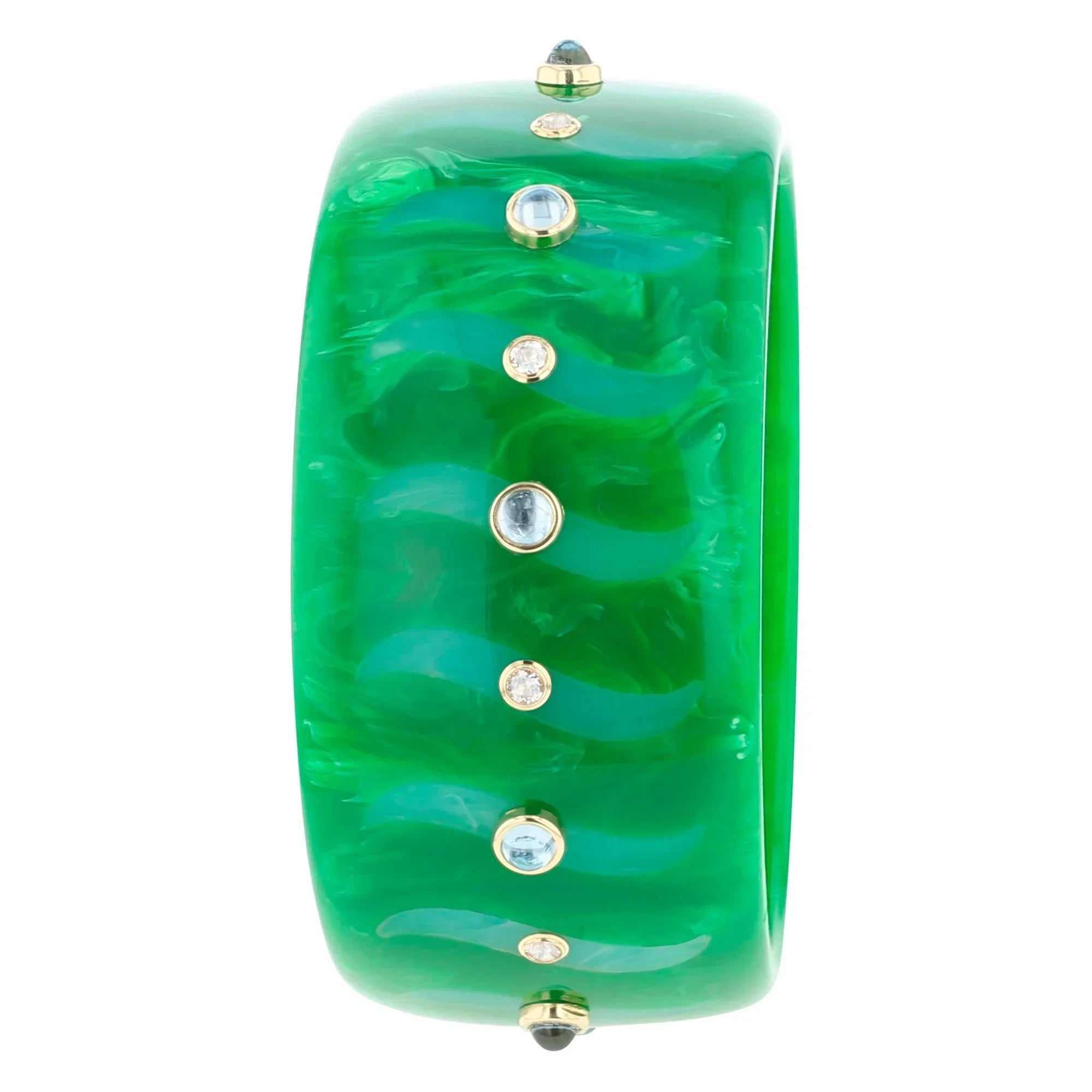 Bliss Bangle | Leaf green bakelite with inlay and stones.