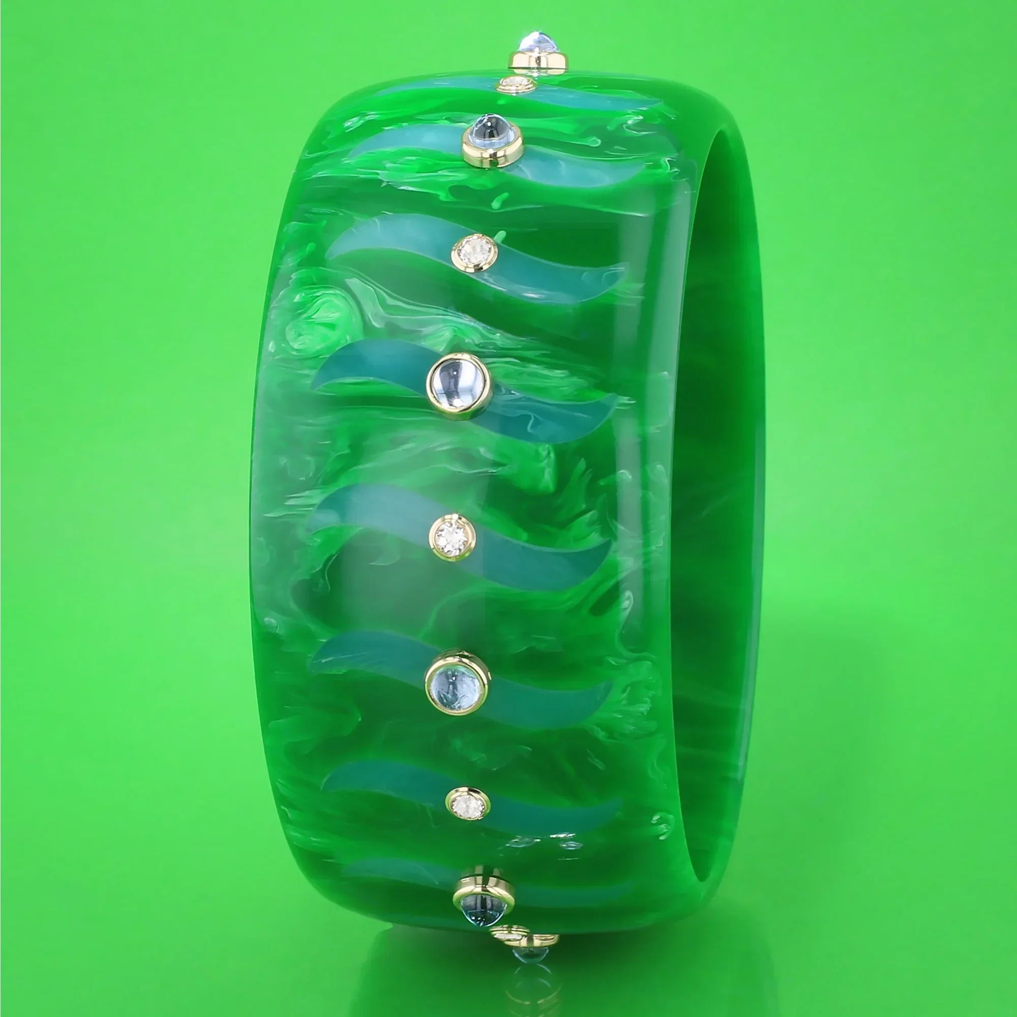 Bliss Bangle | Leaf green bakelite with inlay and stones.
