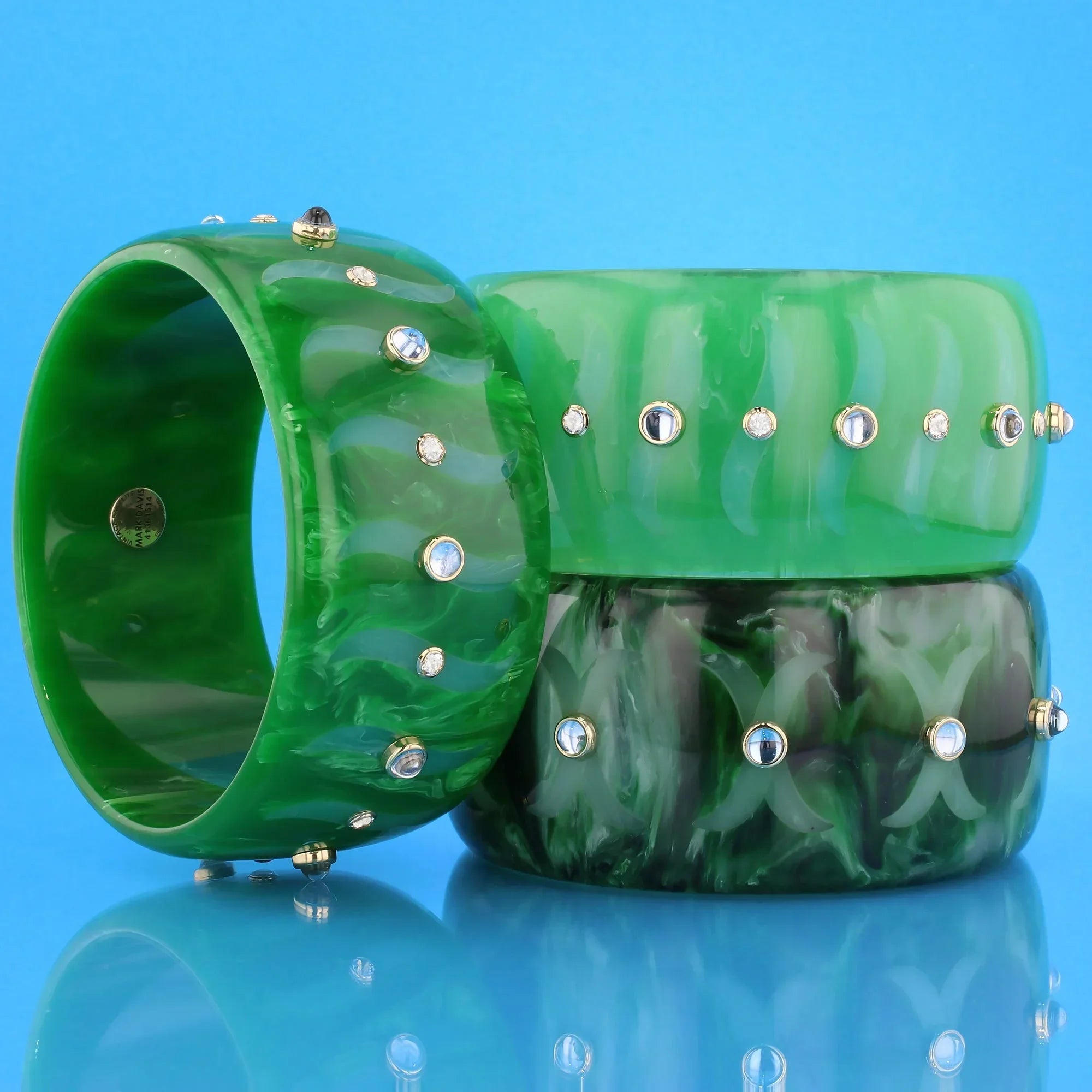 Bliss Bangle | Vibrant green bakelite with inlay and stones.