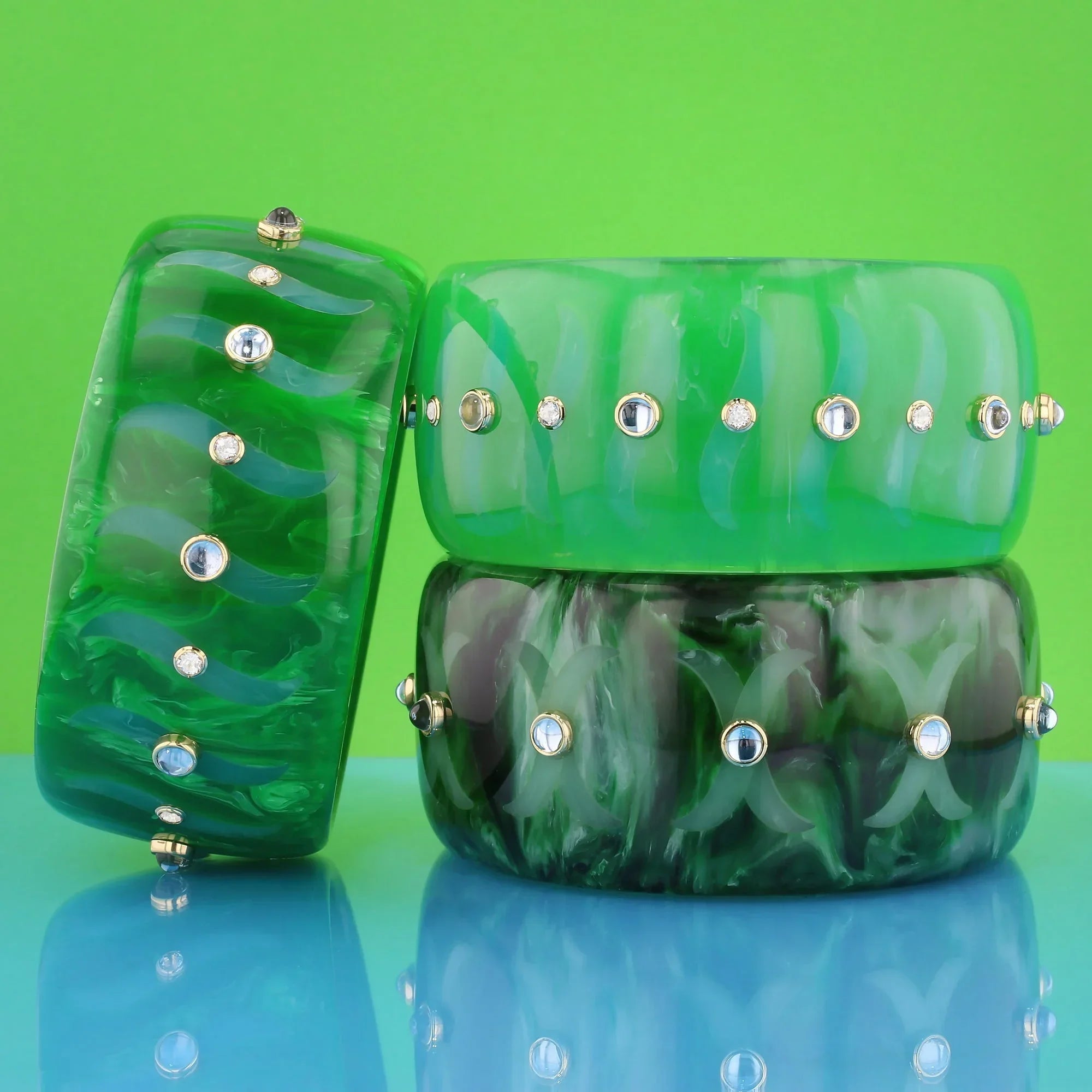 Bliss Bangle | Leaf green bakelite with inlay and stones.