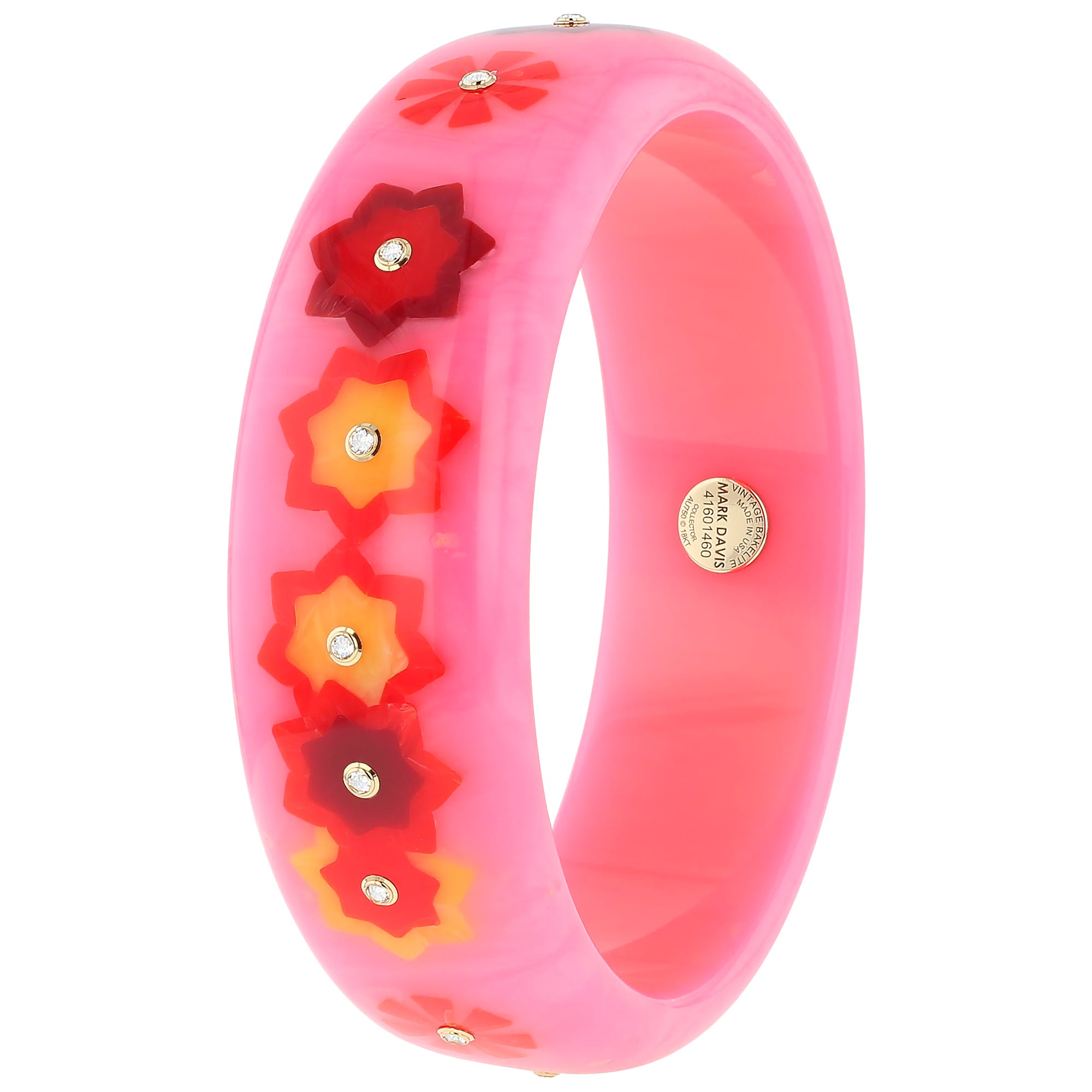 Blossom Bangle | Warm pink bakelite with inlay and stones.