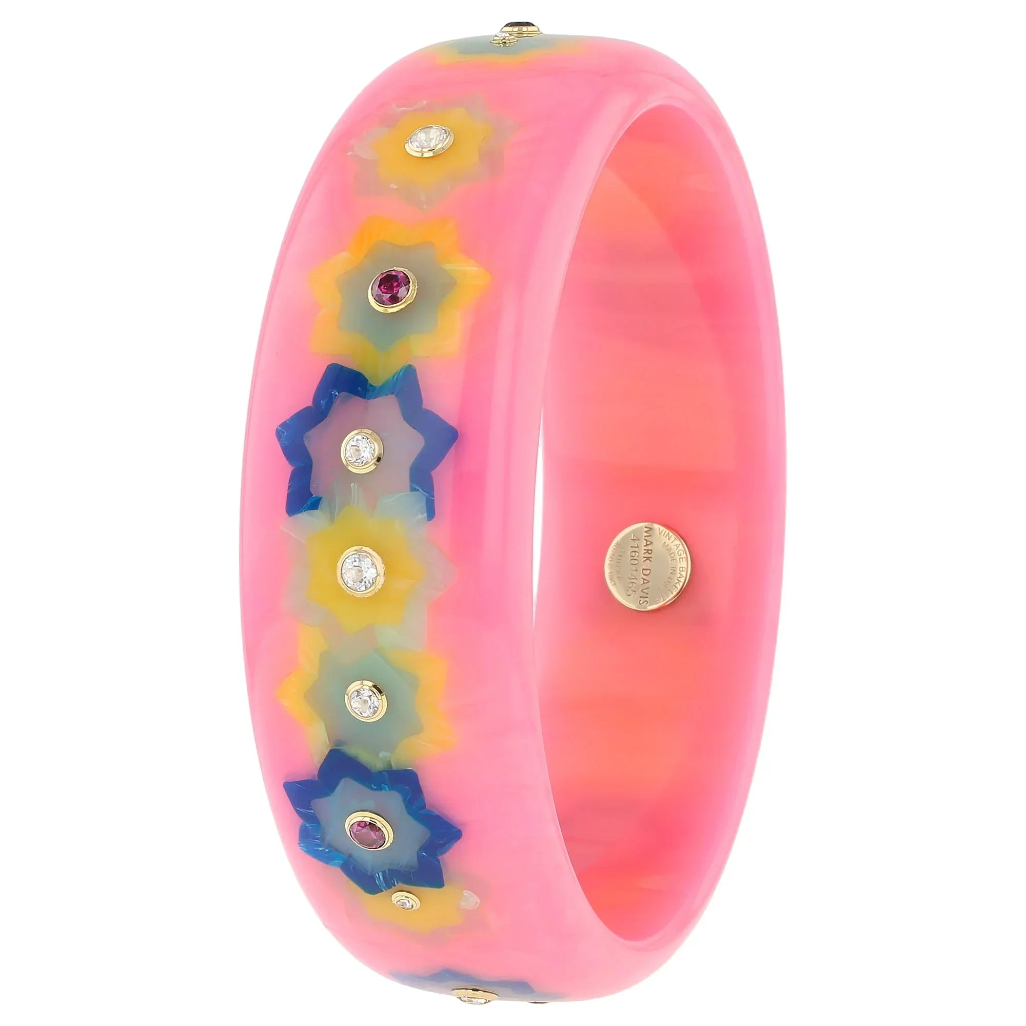 Blossom Bangle | Rose pink bakelite with inlay and stones.