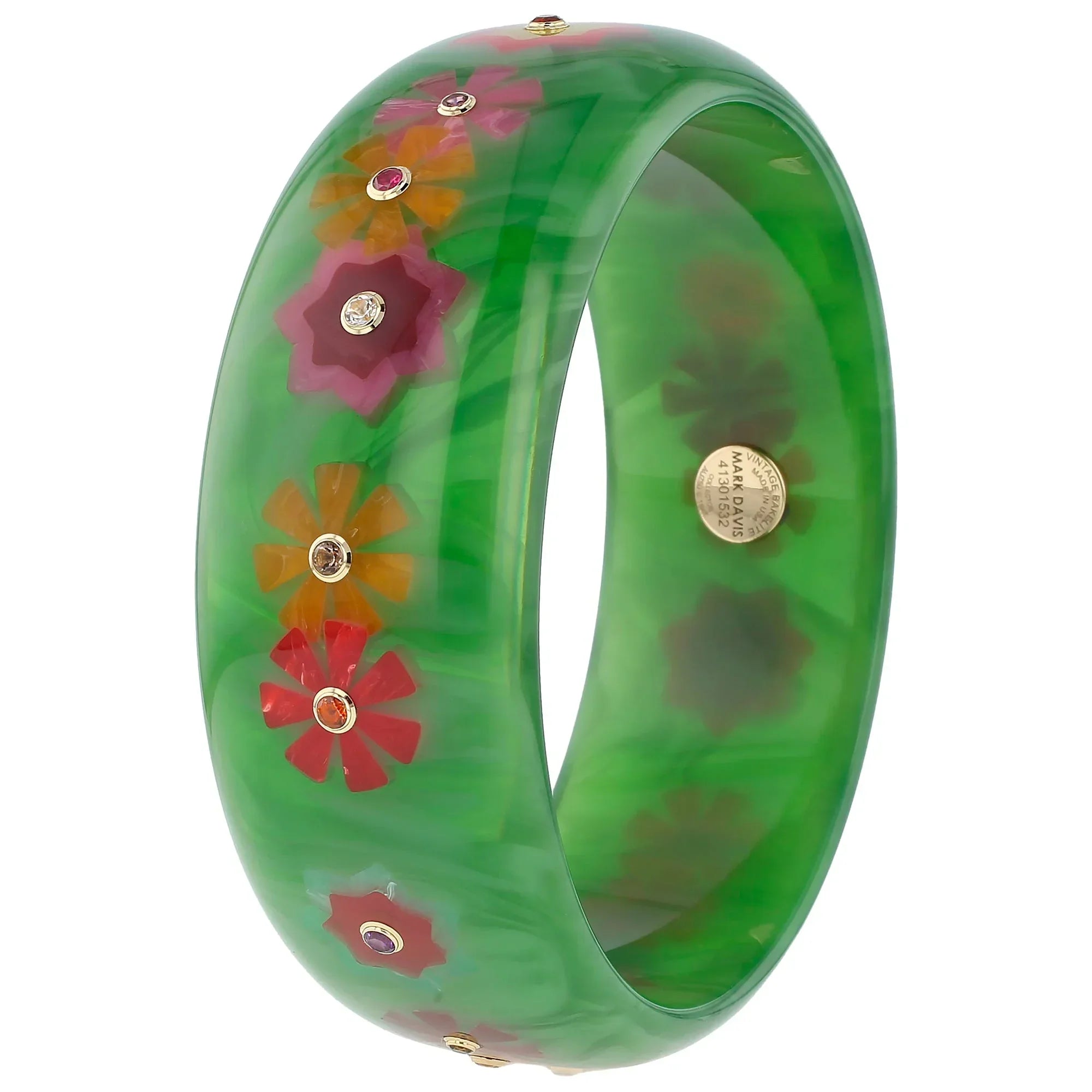 Blossom Bangle | Kelly green bakelite with inlay and stones.