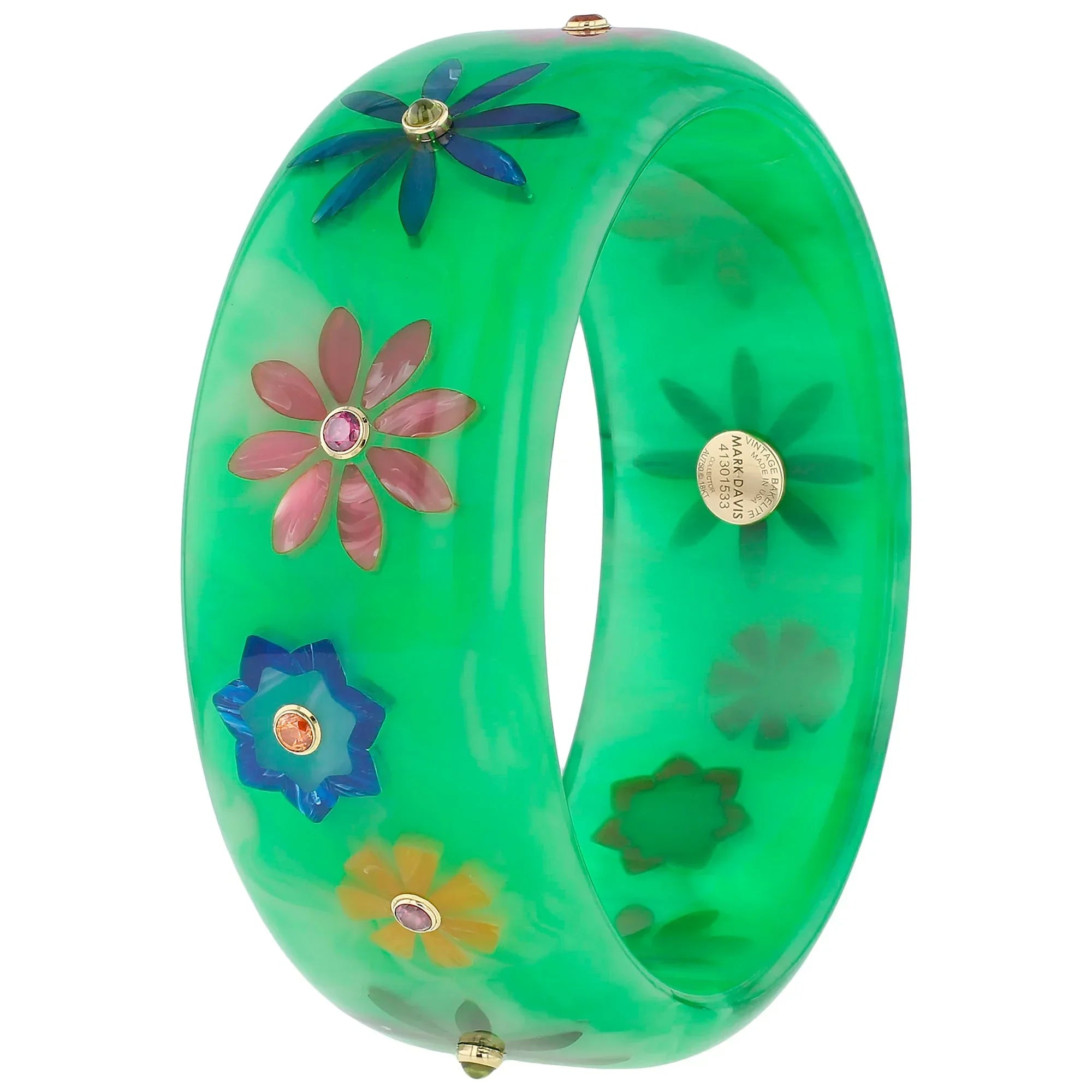 Blossom Bangle | Mint green bakelite with inlay and stones.