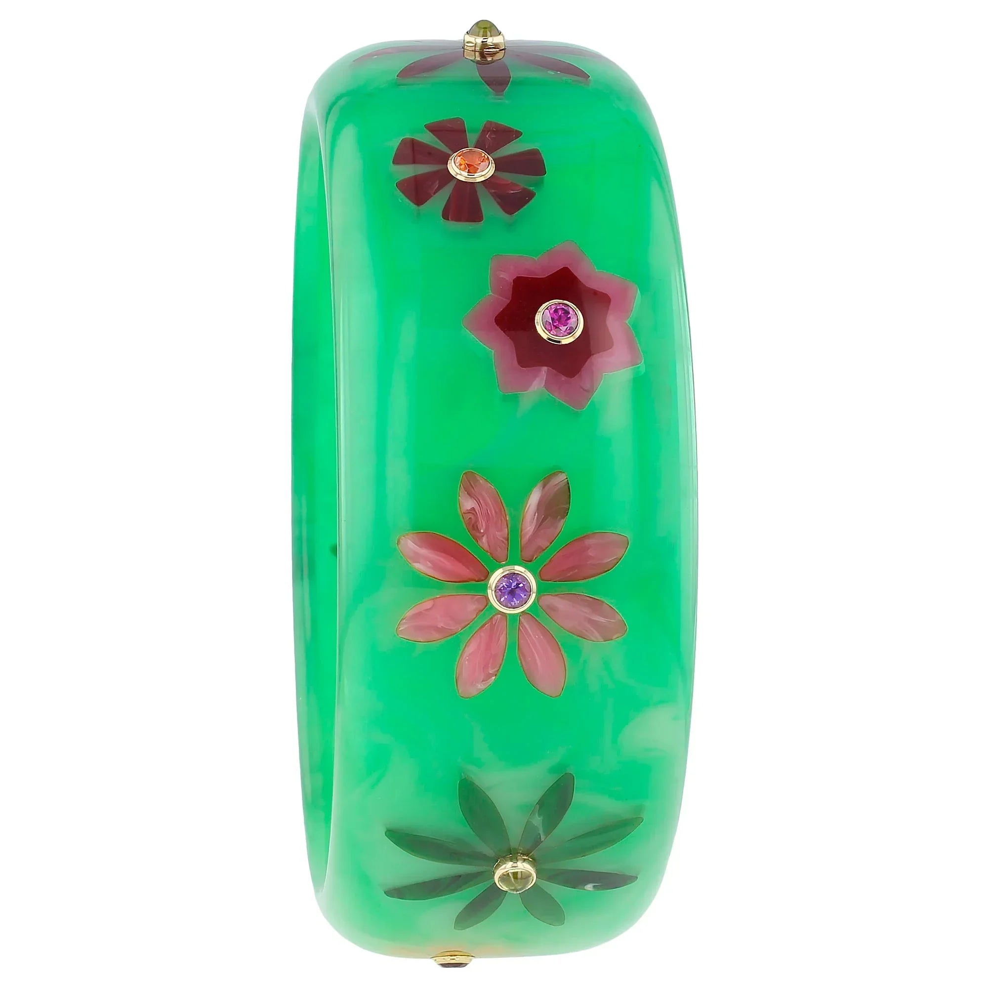 Blossom Bangle | Mint green bakelite with inlay and stones.