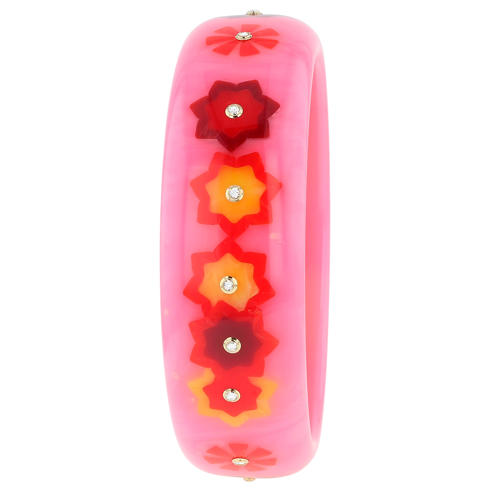 Blossom Bangle | Warm pink bakelite with inlay and stones.