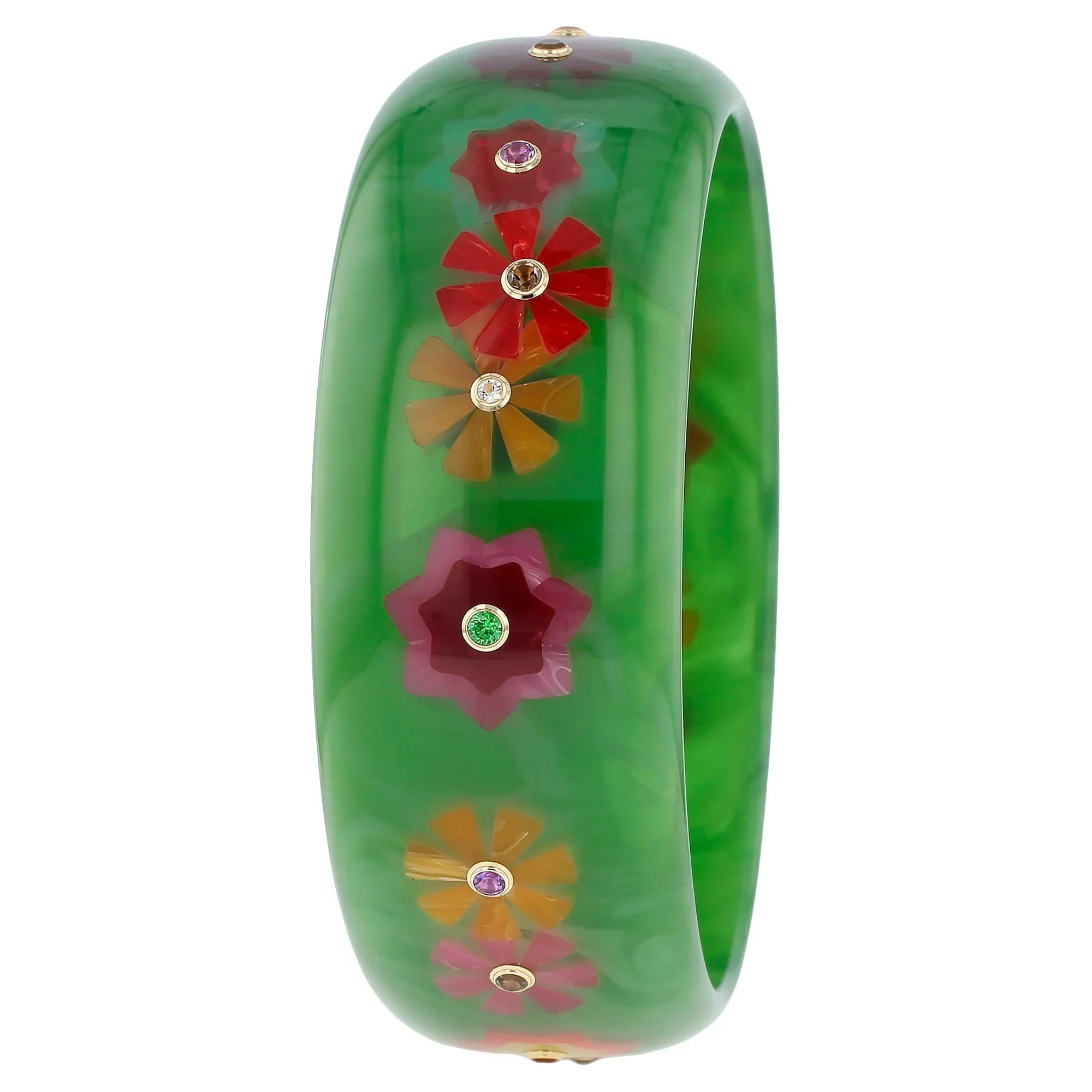 Blossom Bangle | Kelly green bakelite with inlay and stones.