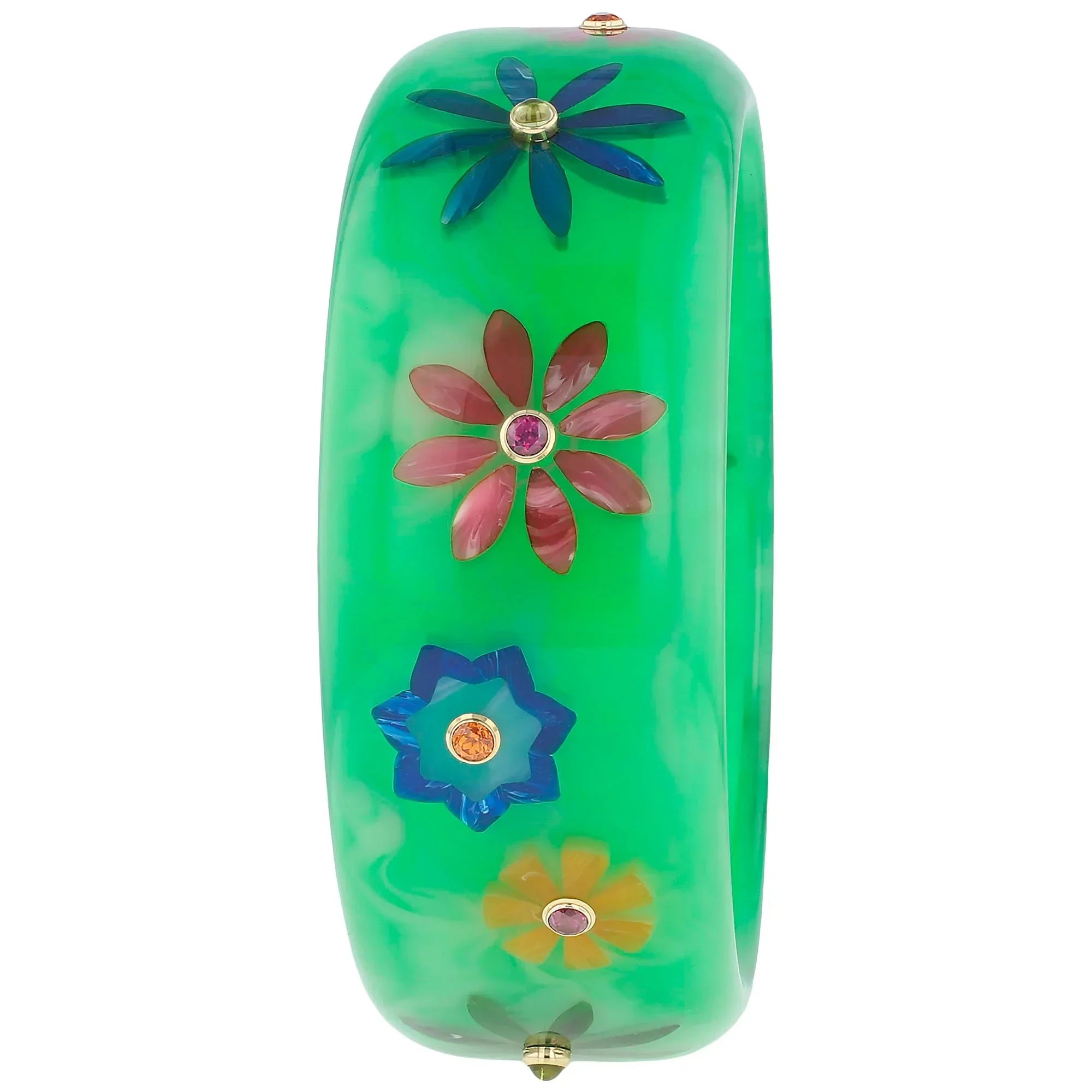 Blossom Bangle | Mint green bakelite with inlay and stones.